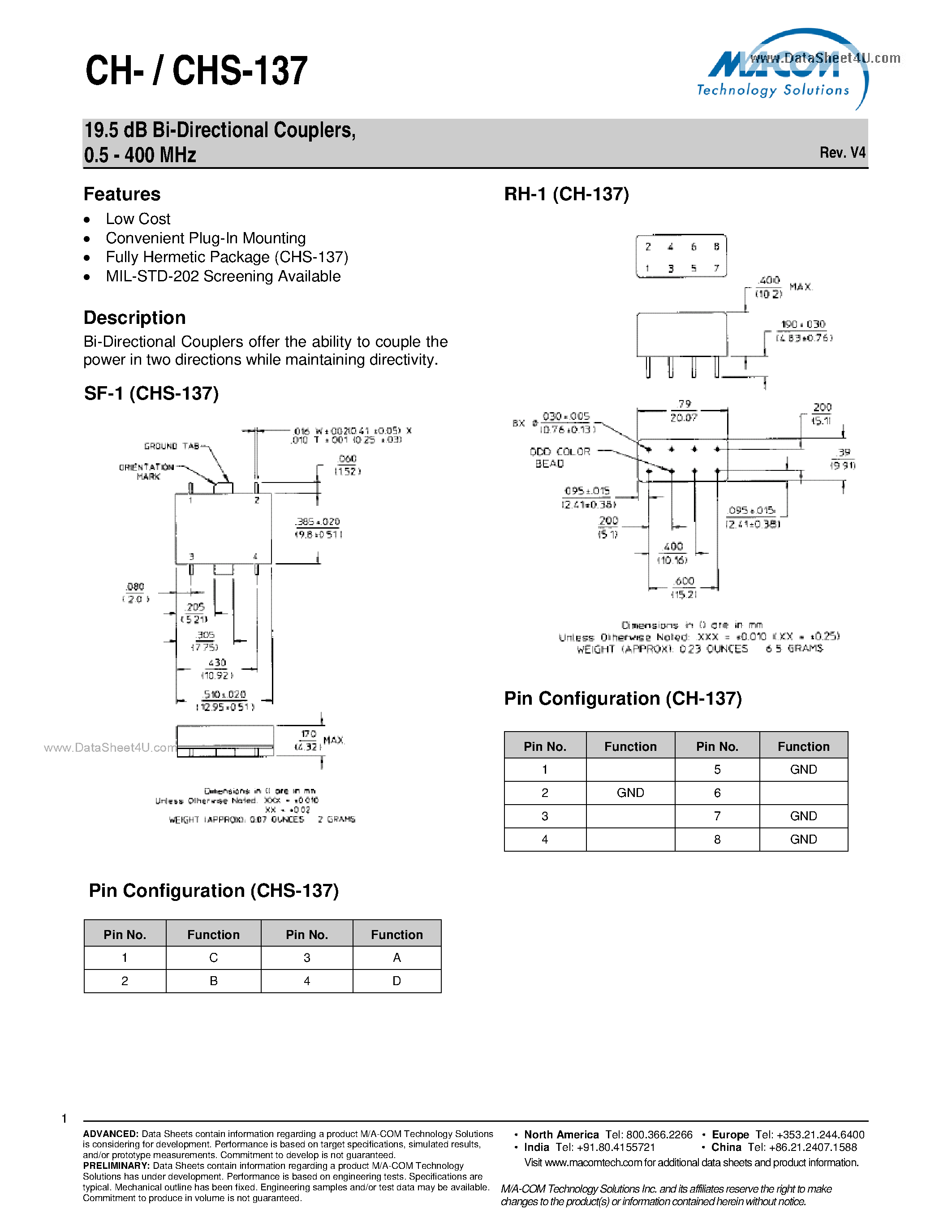 Datasheet CHS-137 - 19.5 dB Bi-Directional Couplers page 1