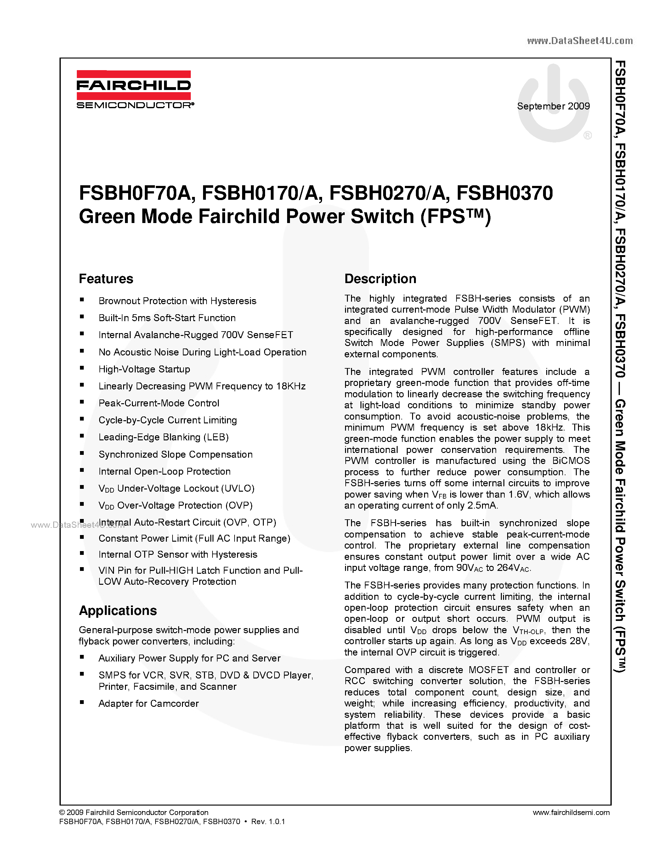 Даташит FSBH0170 - Green Mode Fairchild Power Switch страница 1
