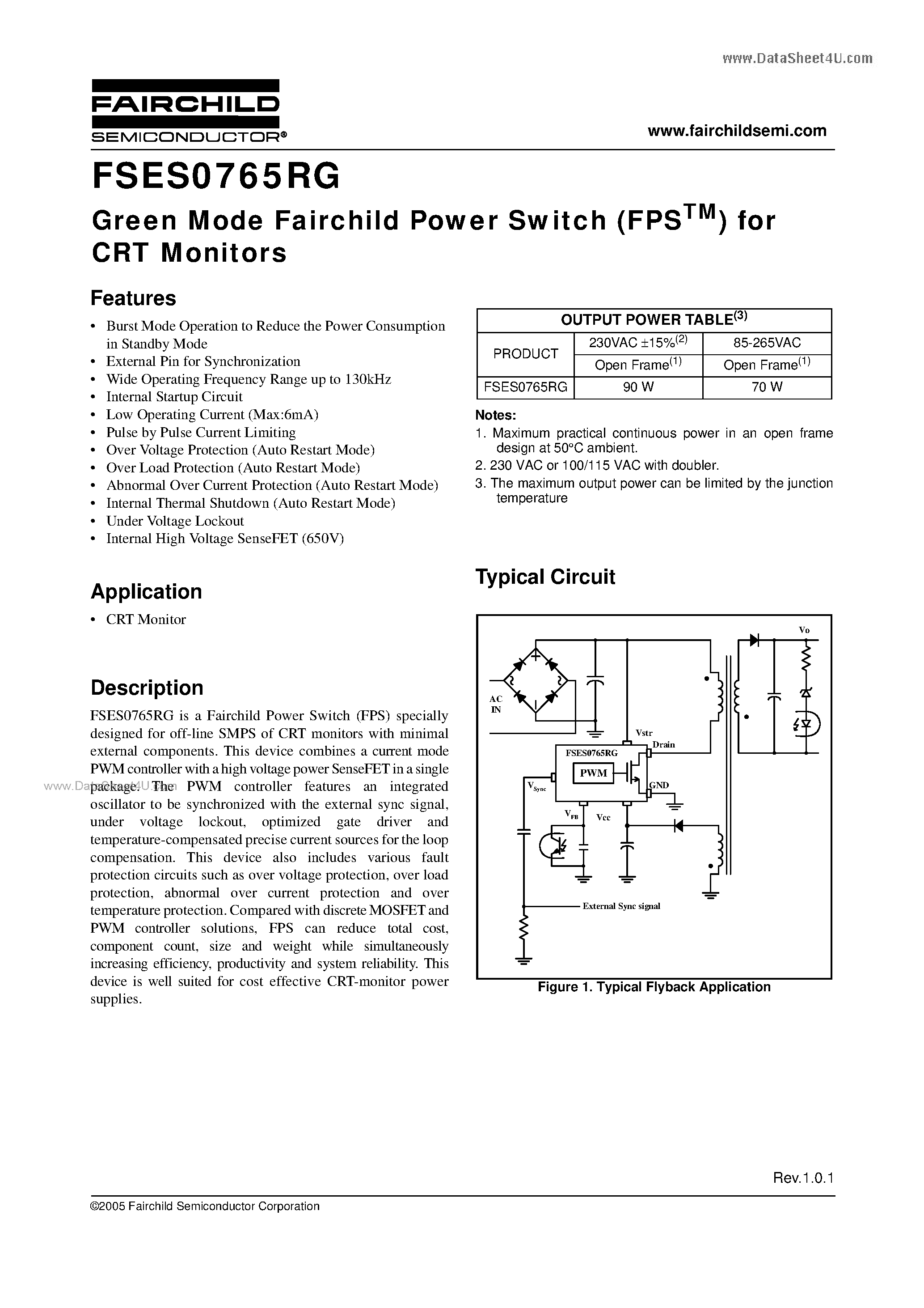 Даташит FSES0765RG - Green Mode Fairchild Power Switch страница 1