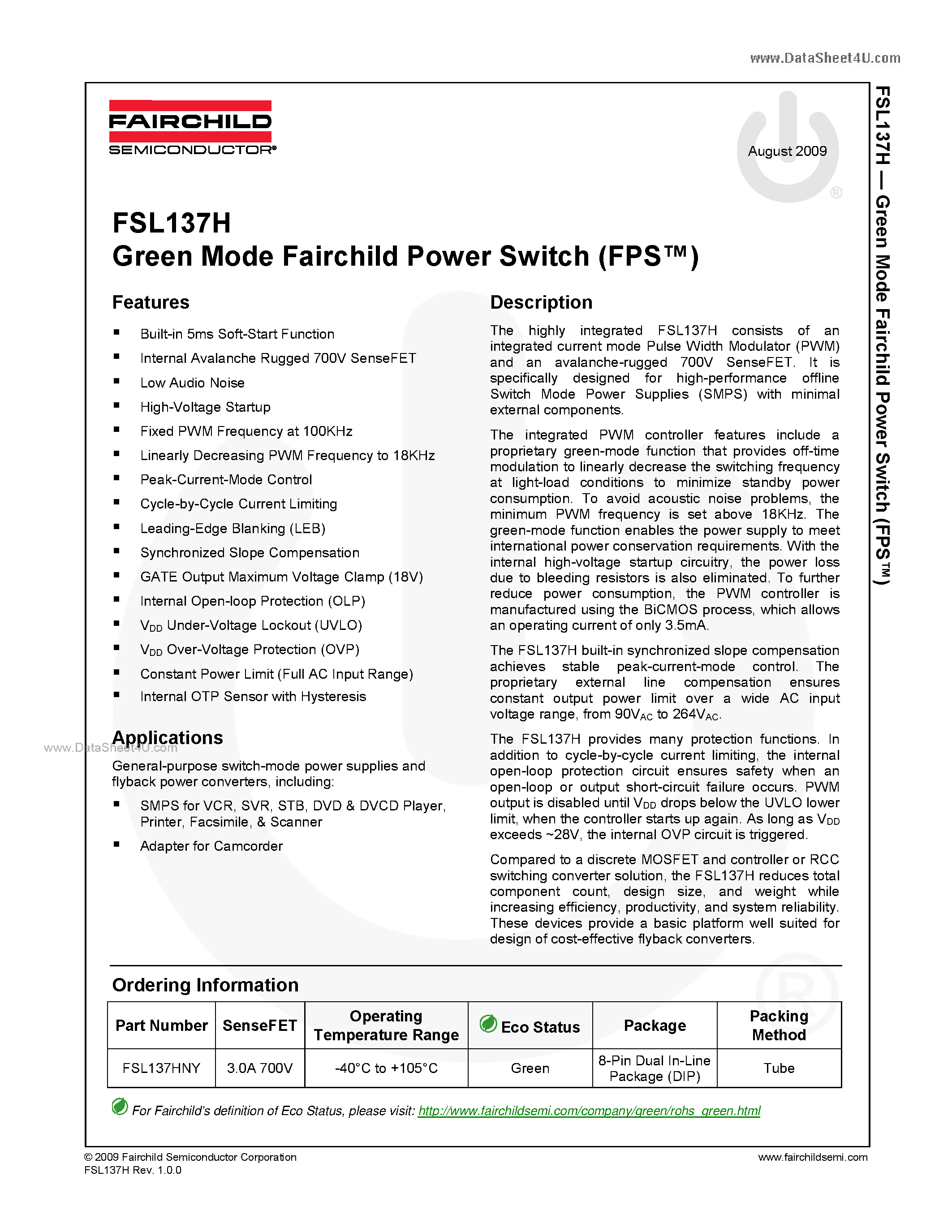 Даташит FSL137H - Green Mode Fairchild Power Switch страница 1