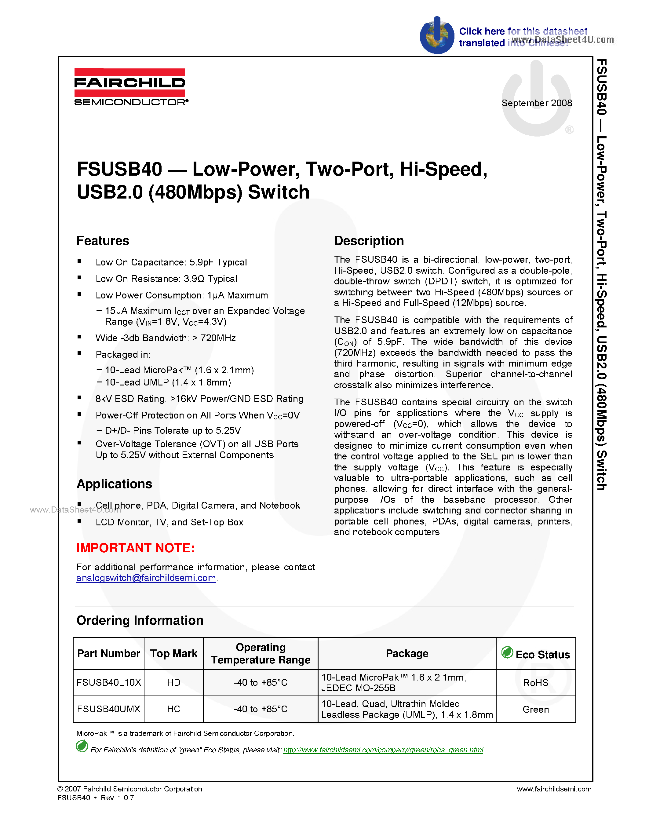 Datasheet FSUSB40 page 1 Datasheet FSUSB40 - USB2.0 (480Mbps) Switch page 1