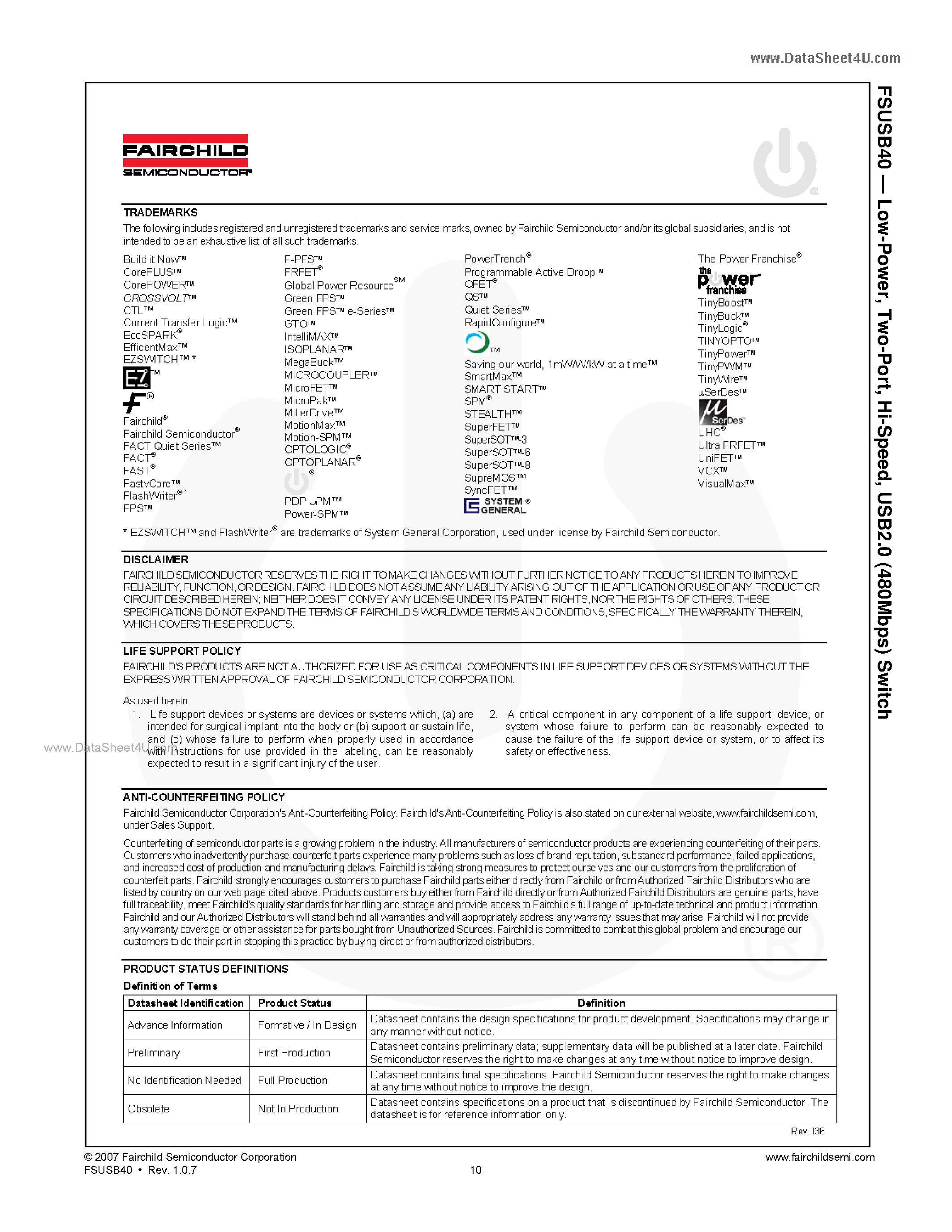 Datasheet FSUSB40 page 2 Datasheet FSUSB40 - USB2.0 (480Mbps) Switch page 2