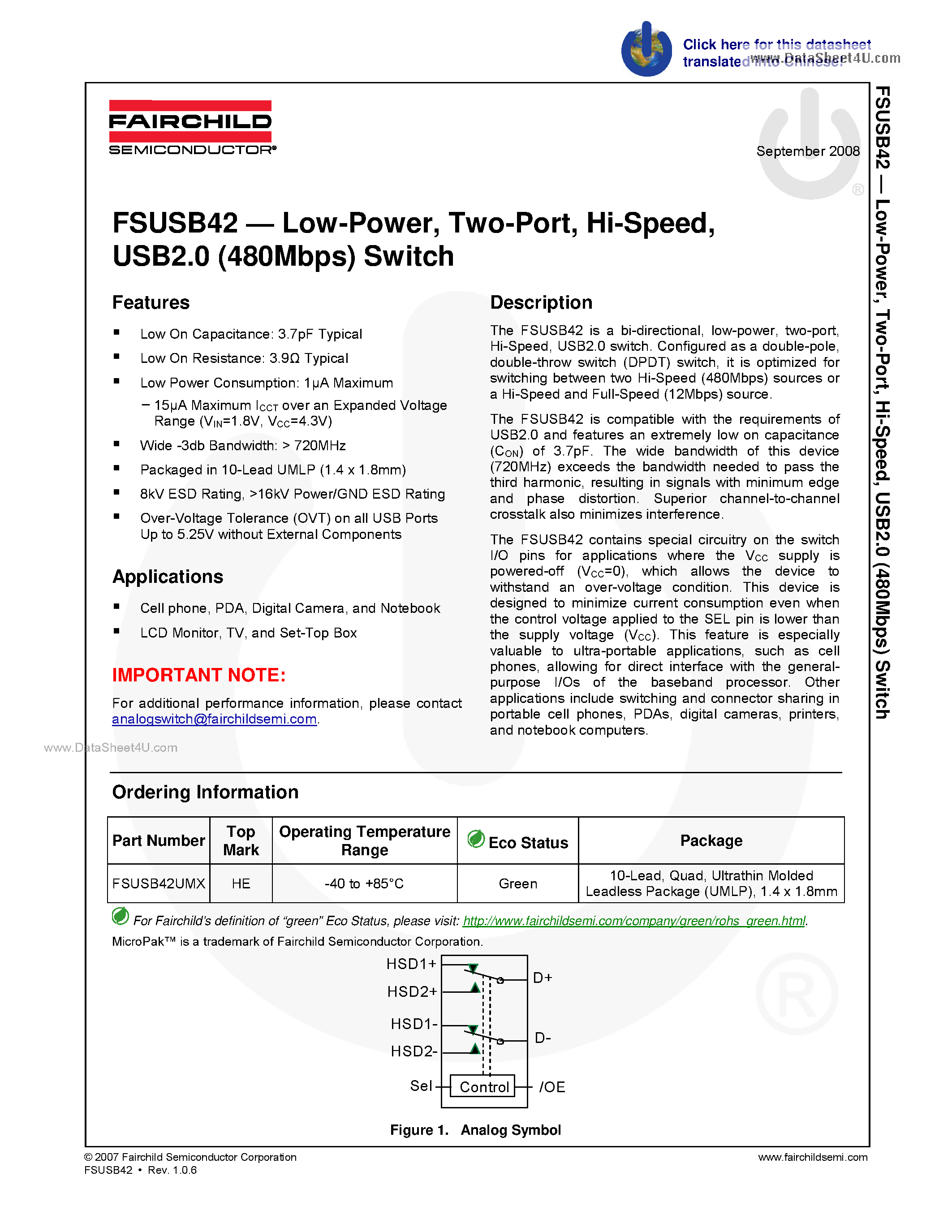 Даташит FSUSB42 - USB2.0 (480Mbps) Switch страница 1
