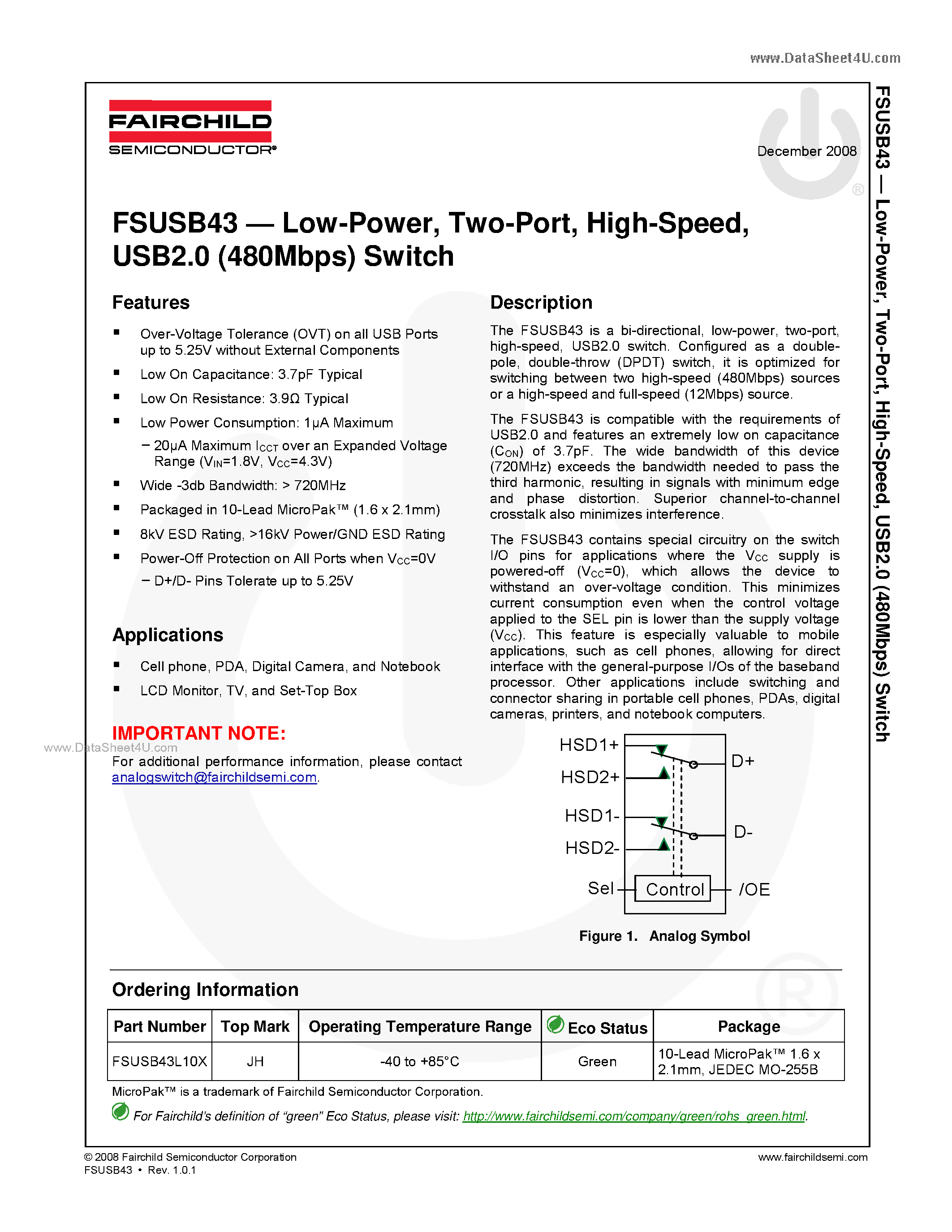 Datasheet FSUSB43 page 1 Datasheet FSUSB43 - USB2.0 (480Mbps) Switch page 1