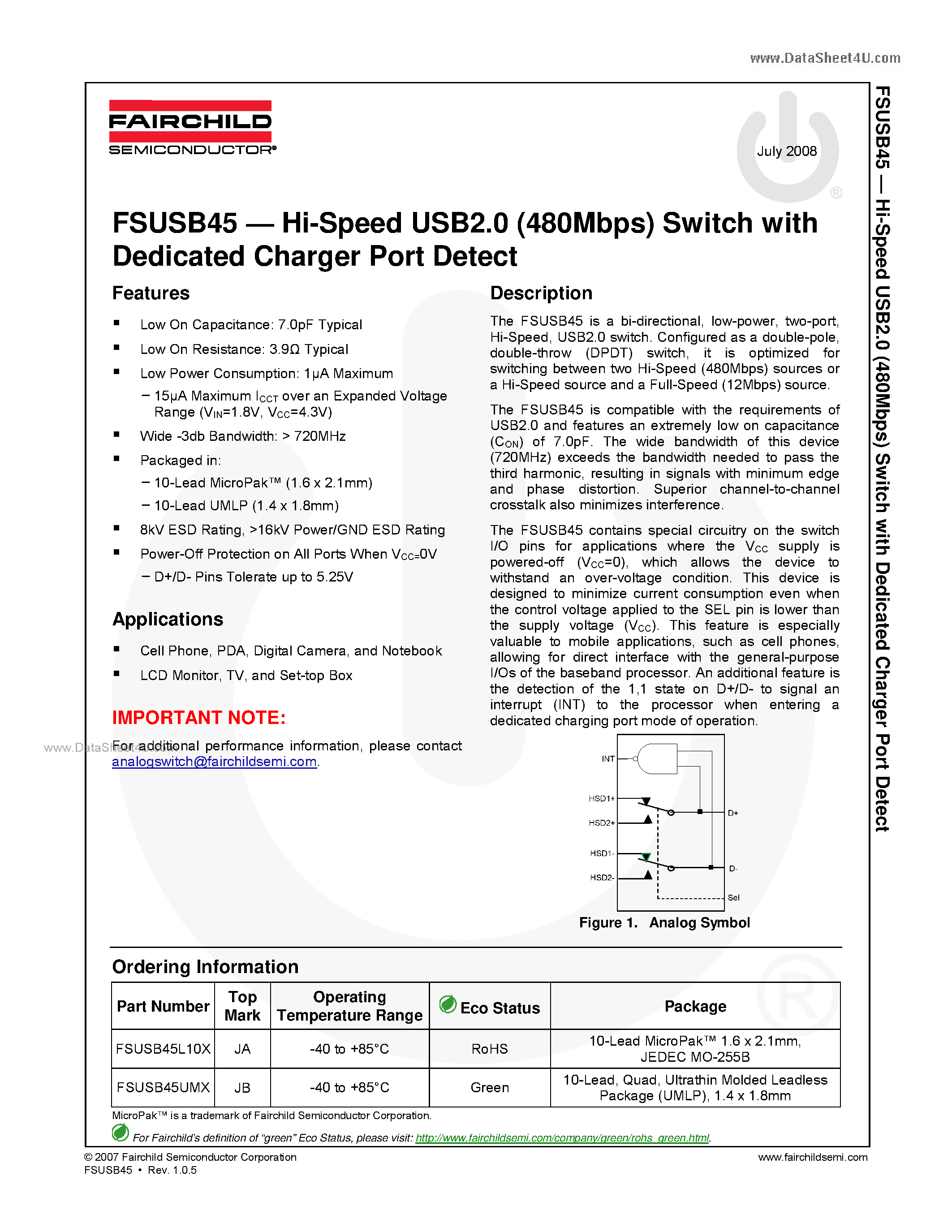 Datasheet FSUSB45 page 1 Datasheet FSUSB45 - USB2.0 (480Mbps) Switch page 1