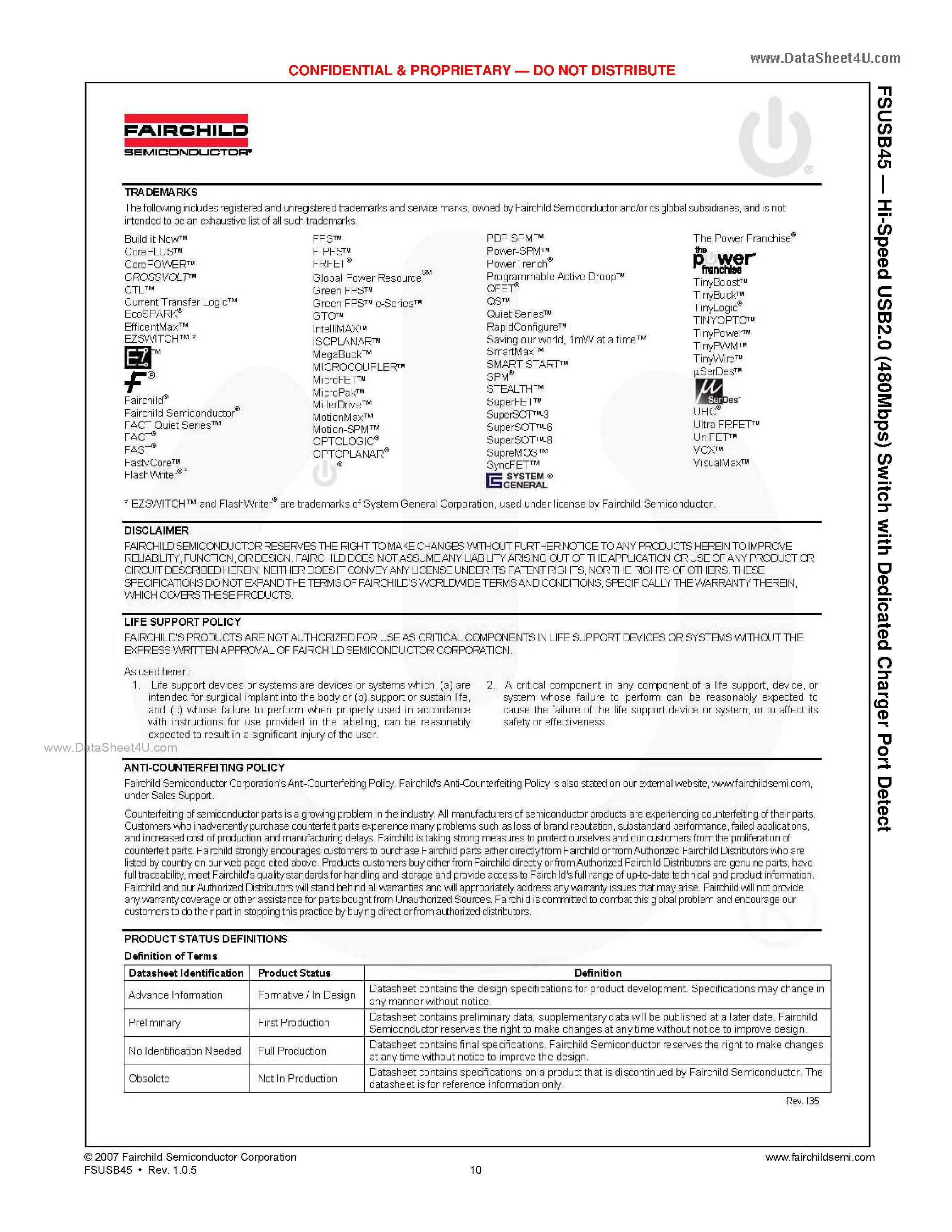 Datasheet FSUSB45 page 2 Datasheet FSUSB45 - USB2.0 (480Mbps) Switch page 2