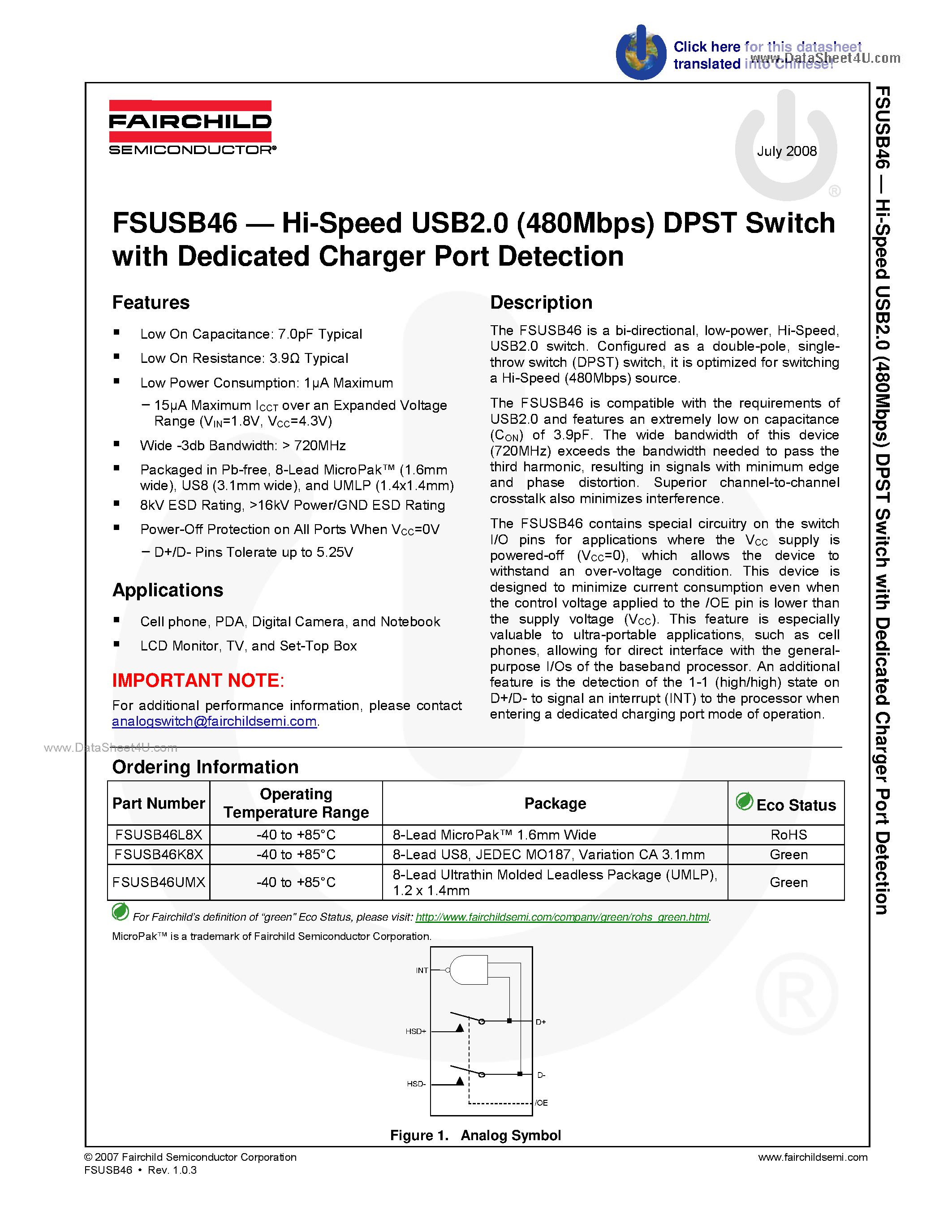 Datasheet FSUSB46 page 1 Datasheet FSUSB46 - USB2.0 (480Mbps) Switch page 1
