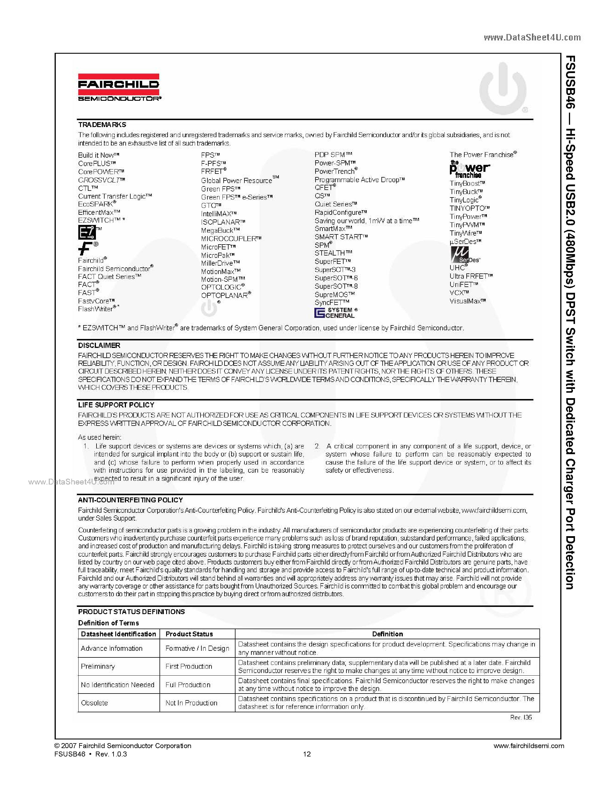 Datasheet FSUSB46 page 2 Datasheet FSUSB46 - USB2.0 (480Mbps) Switch page 2