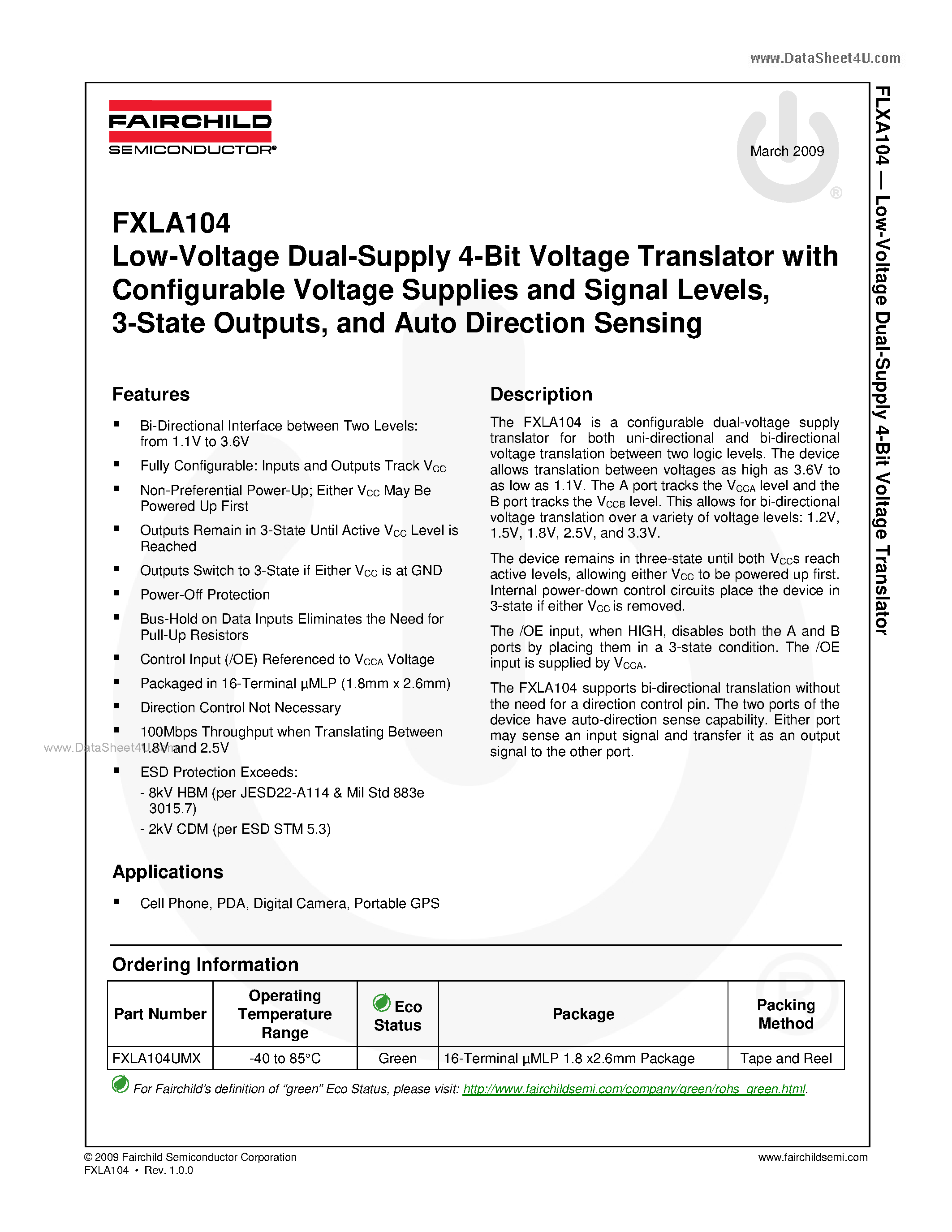 Даташит FXLA104 - Low-Voltage Dual-Supply 4-Bit Voltage Translator страница 1