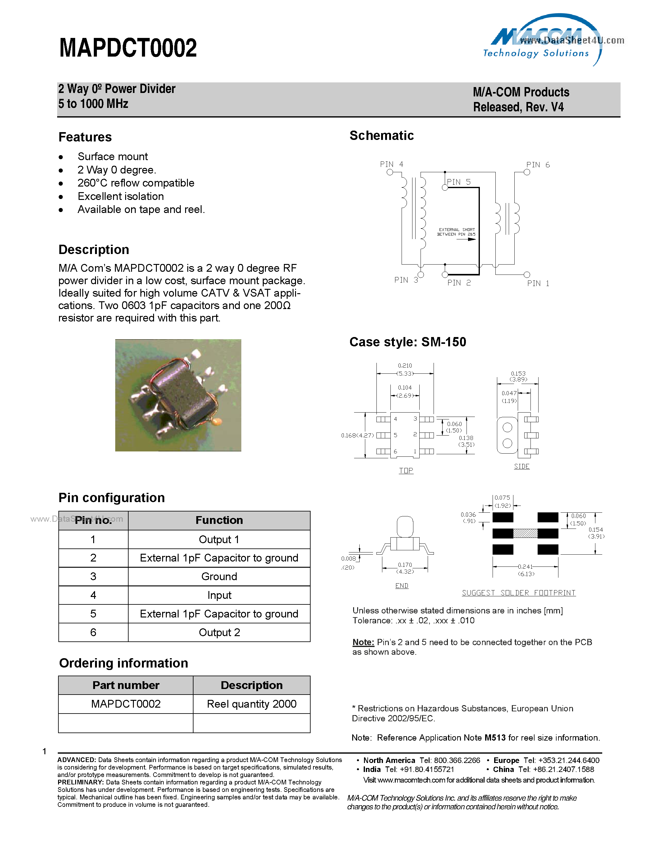 Datasheet MAPDCT0002 - 2 Way Power Divider page 1
