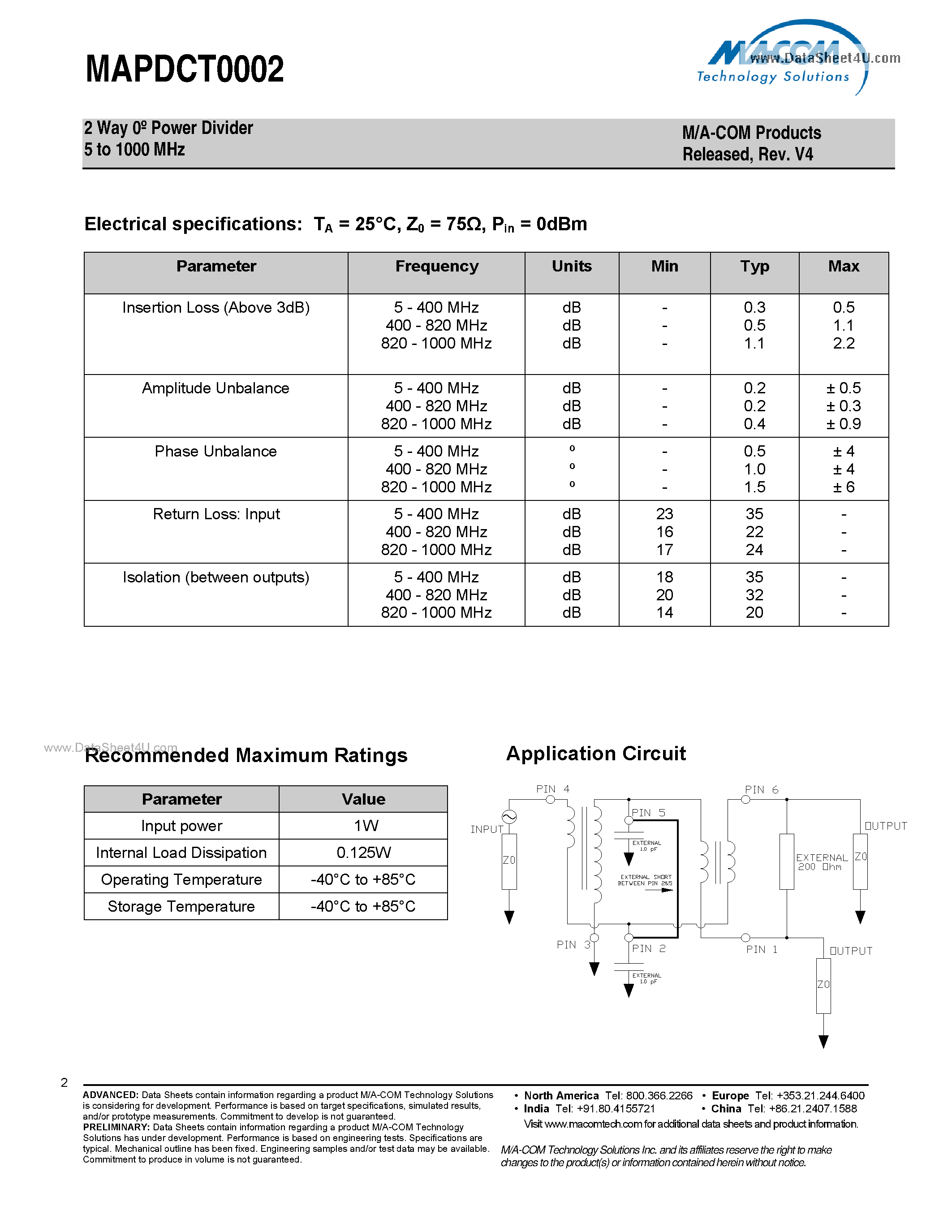 Datasheet MAPDCT0002 - 2 Way Power Divider page 2