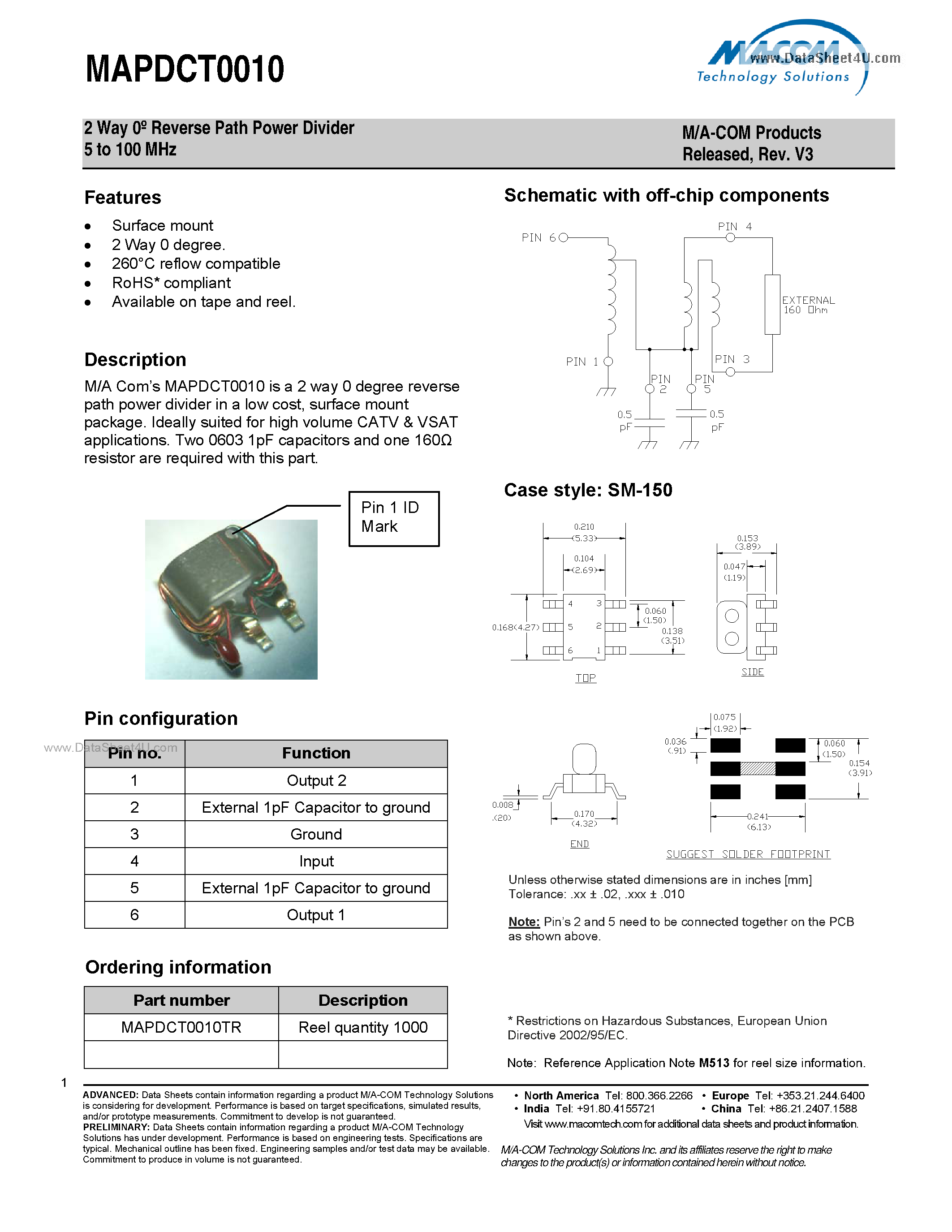 Datasheet MAPDCT0010 - 2 Way Power Divider page 1