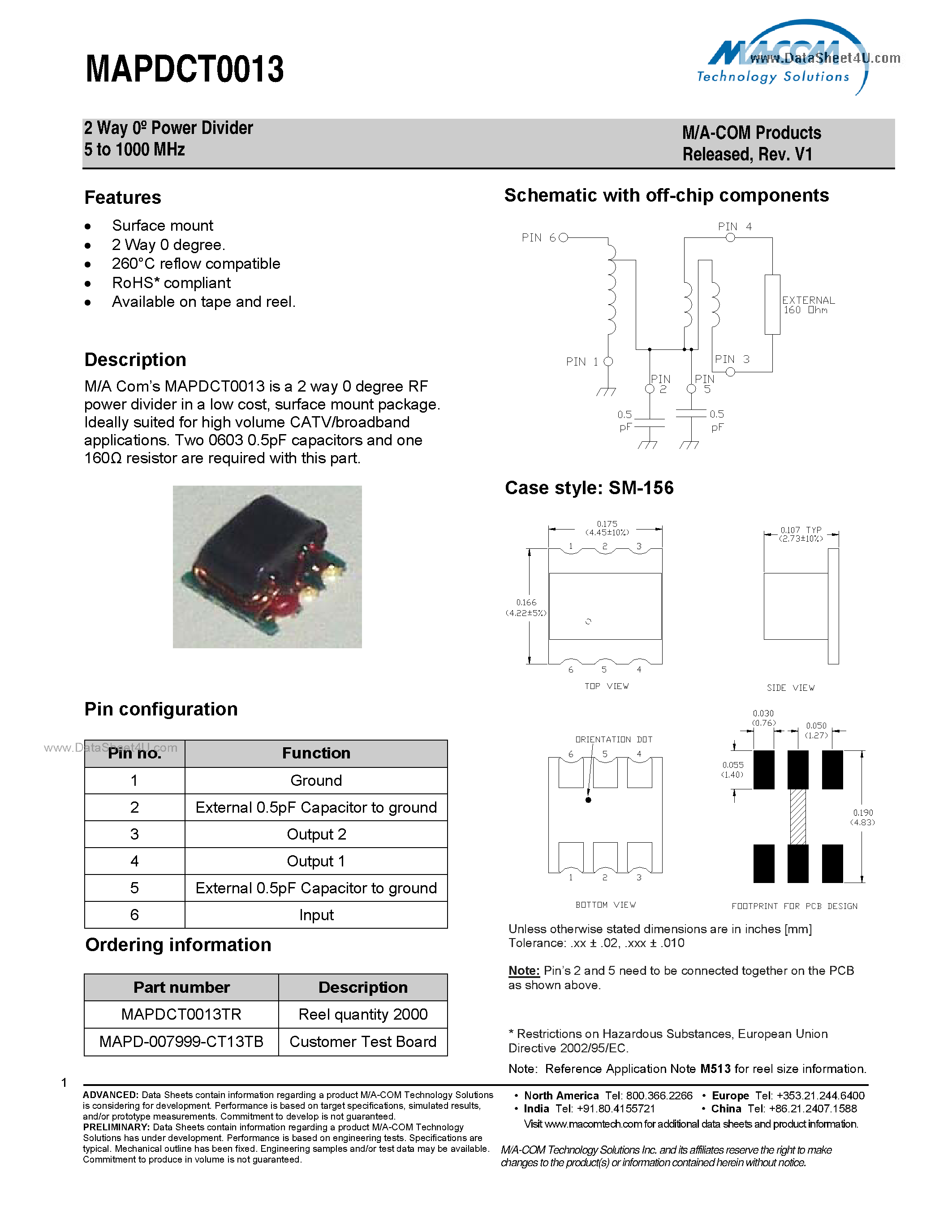 Datasheet MAPDCT0013 - 2 Way Power Divider page 1