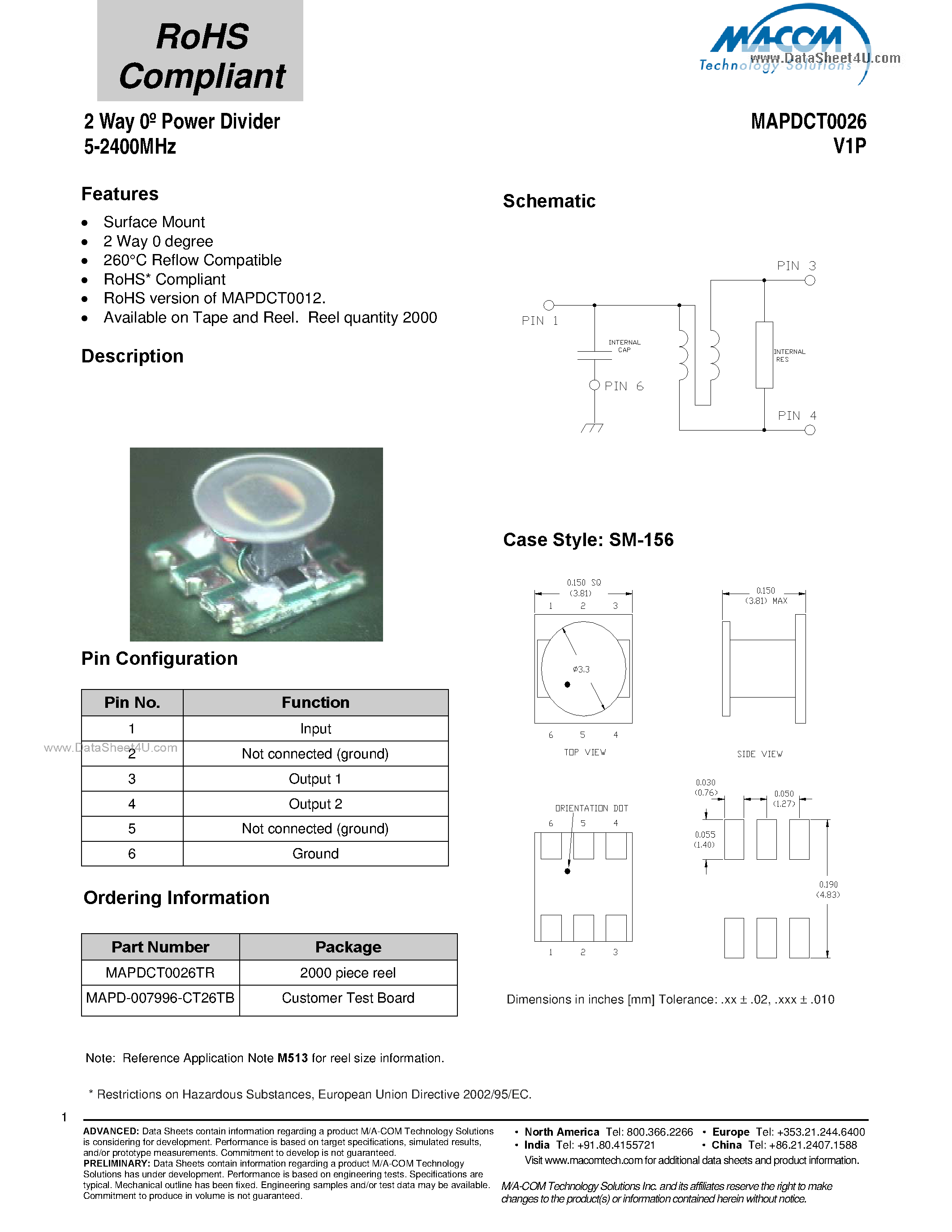 Datasheet MAPDCT0026 - 2 Way Power Divider page 1