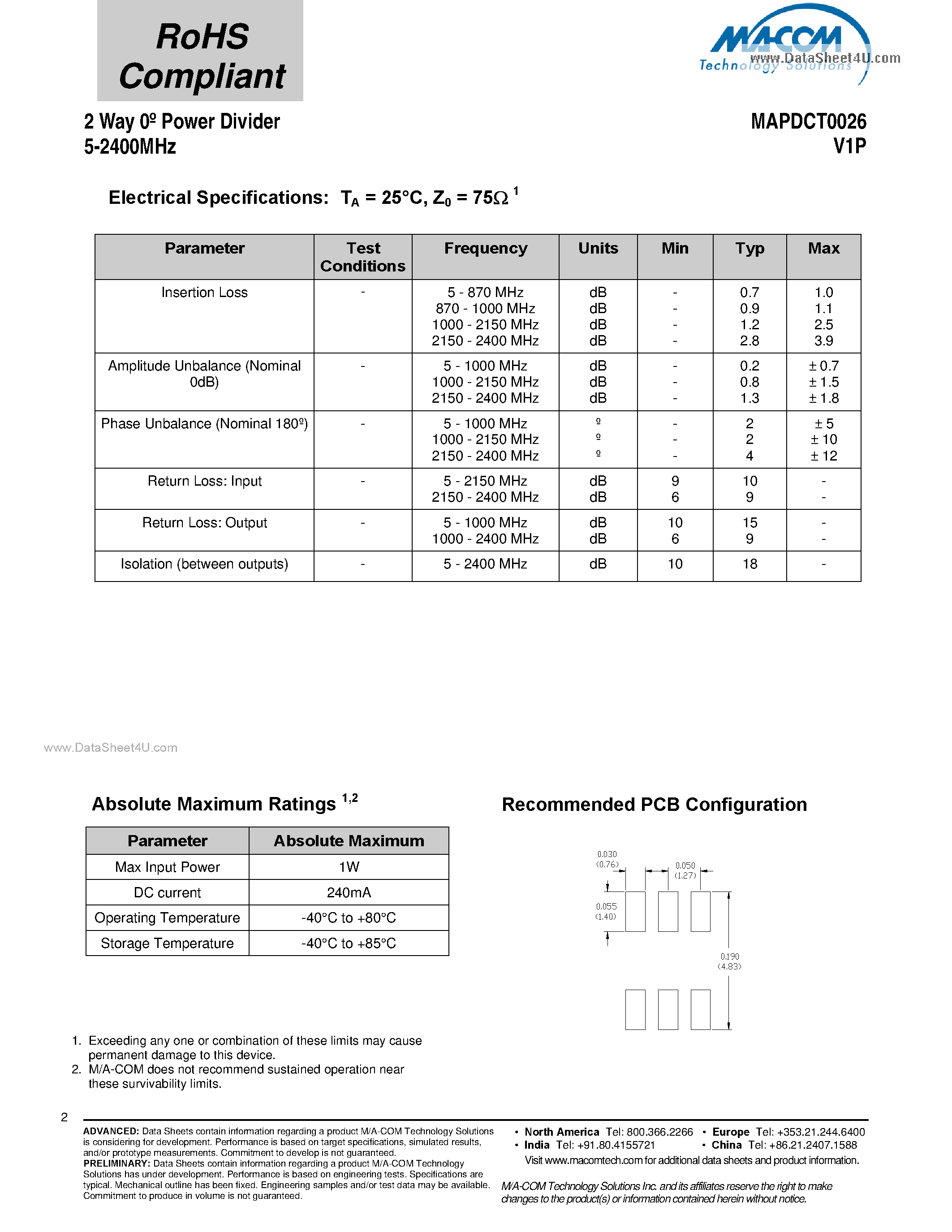 Datasheet MAPDCT0026 - 2 Way Power Divider page 2