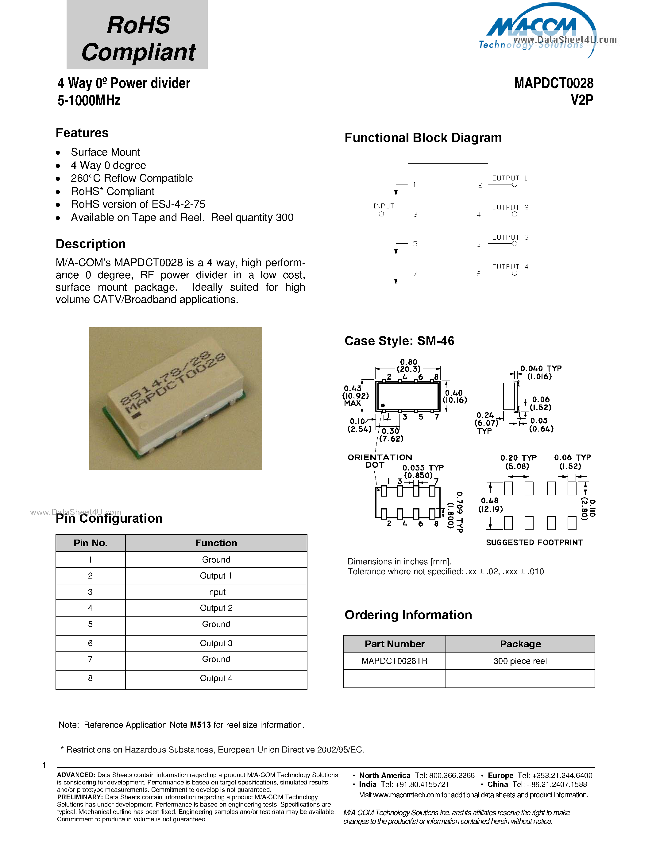 Datasheet MAPDCT0028 - 4 Way Power Divider page 1