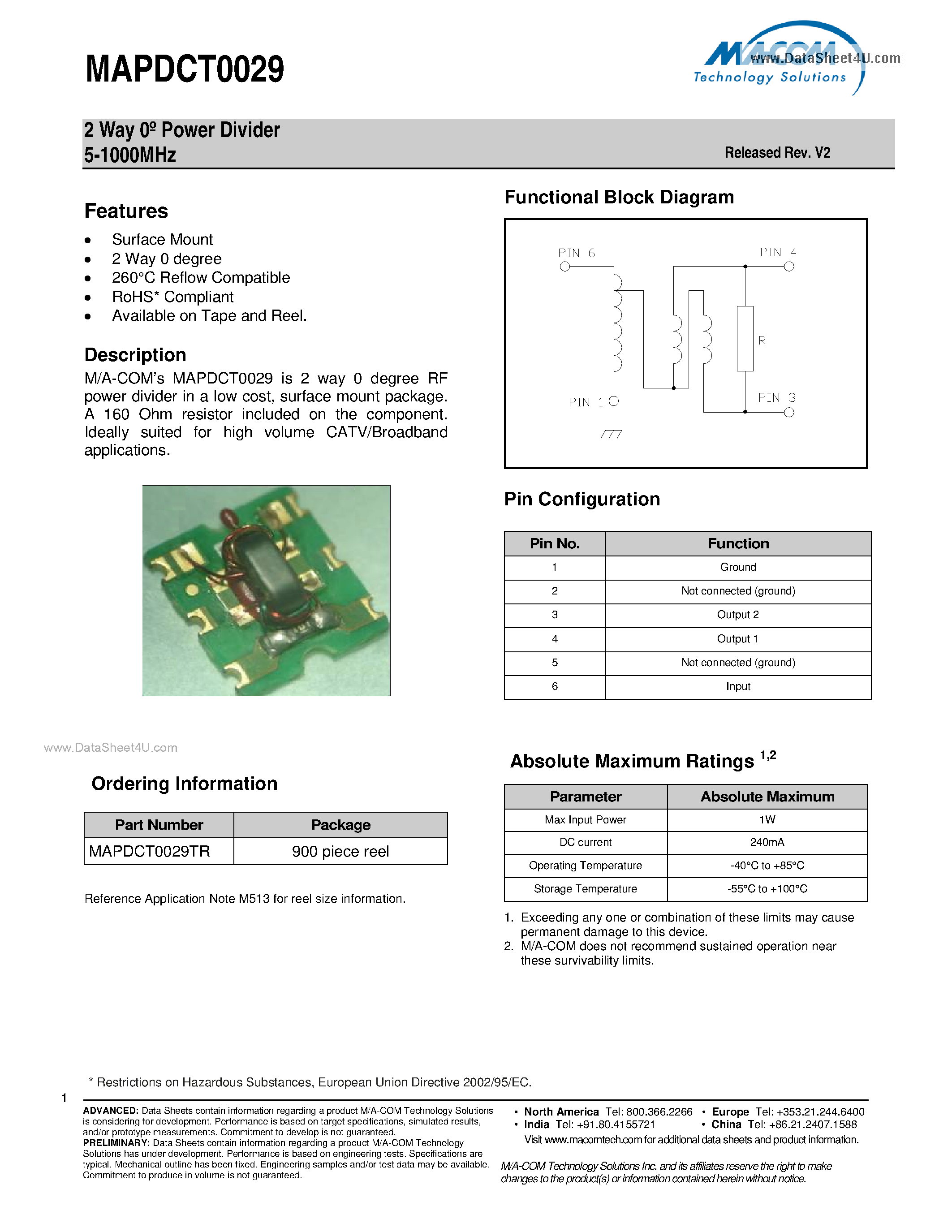 Datasheet MAPDCT0029 - 2 Way Power Divider page 1