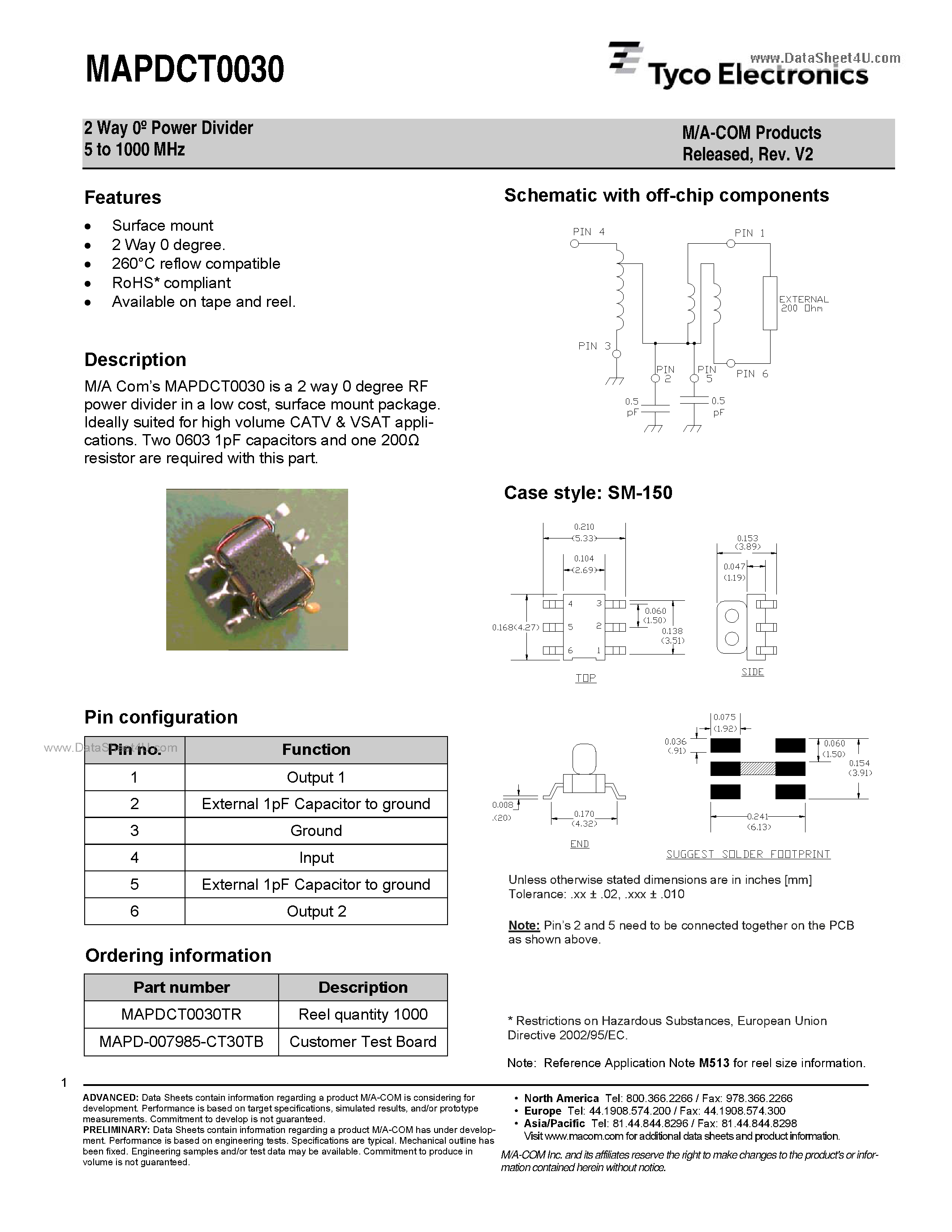Datasheet MAPDCT0030 - 2 Way Power Divider page 1