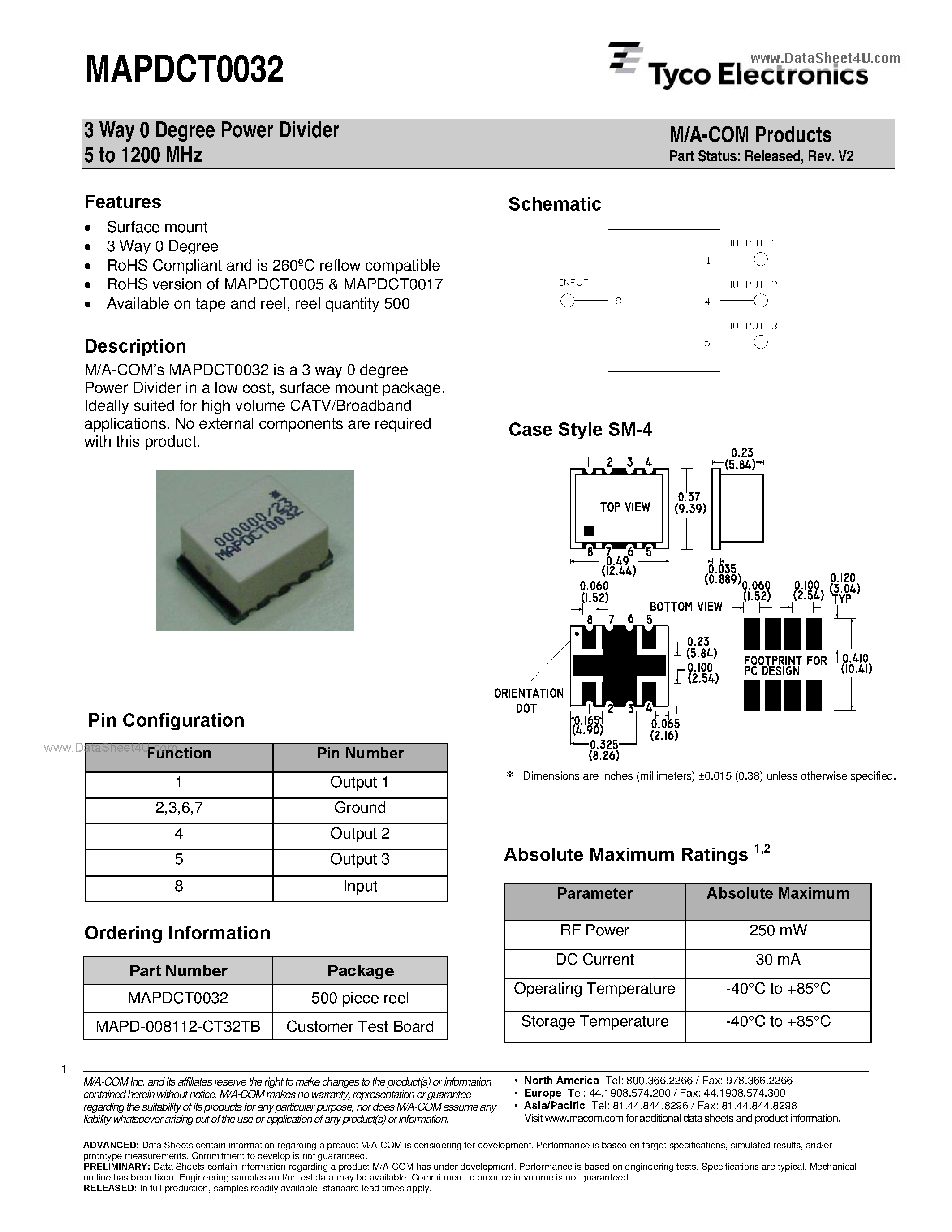 Datasheet MAPDCT0032 - 2 Way Power Divider page 1