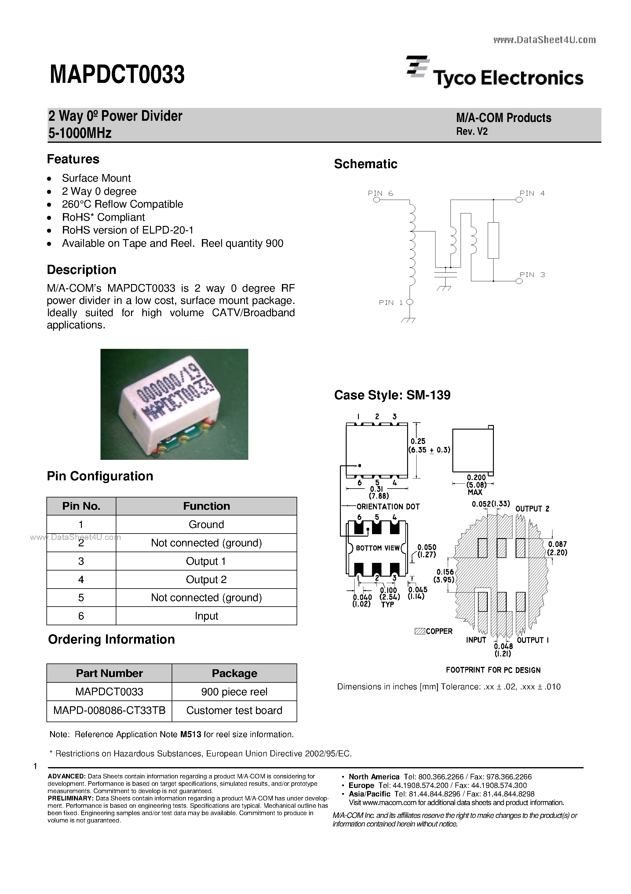 Datasheet MAPDCT0033 - 2 Way Power Divider page 1