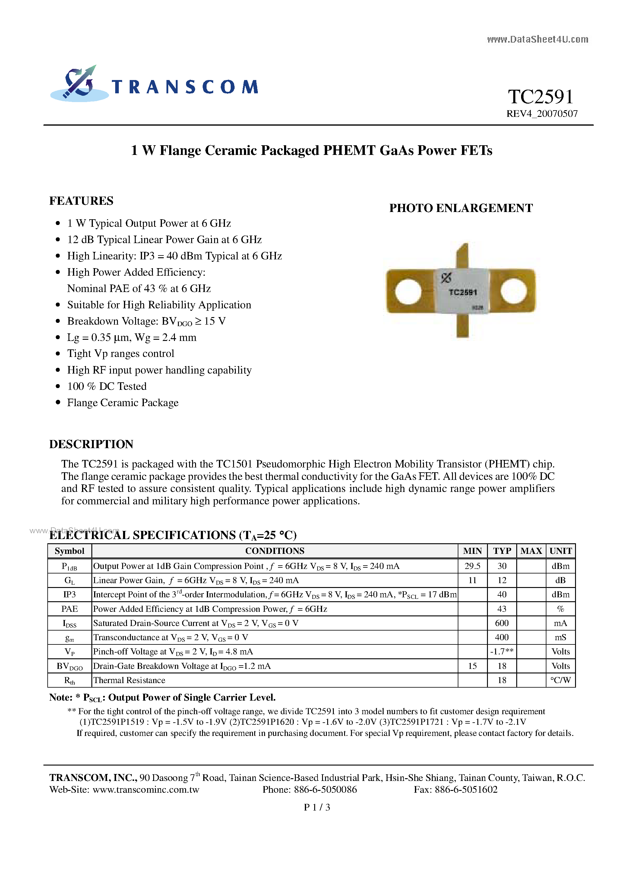 Datasheet TC2591 - 1 W Flange Ceramic Packaged PHEMT GaAs Power FETs page 1