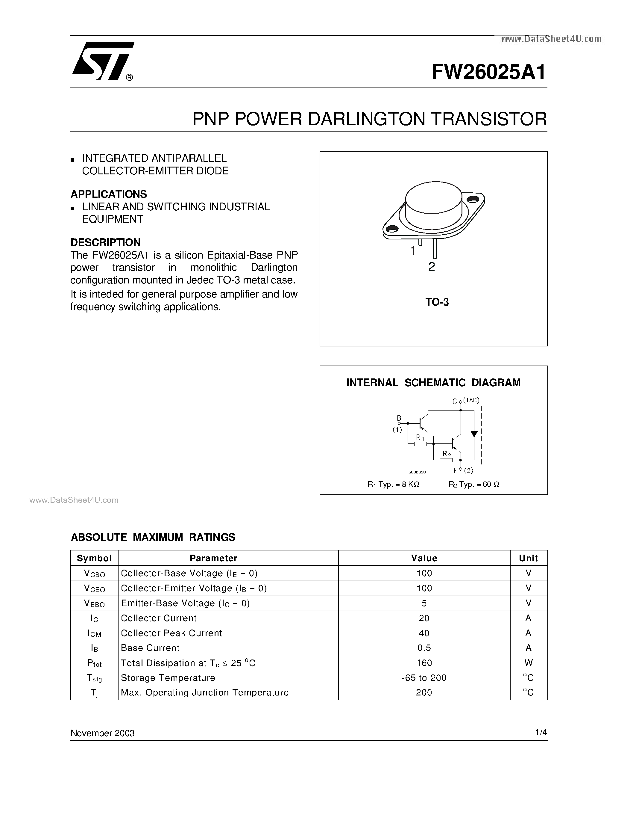 Datasheet FW26025A1 page 1 Datasheet FW26025A1 - PNP POWER DARLINGTON TRANSISTOR page 1
