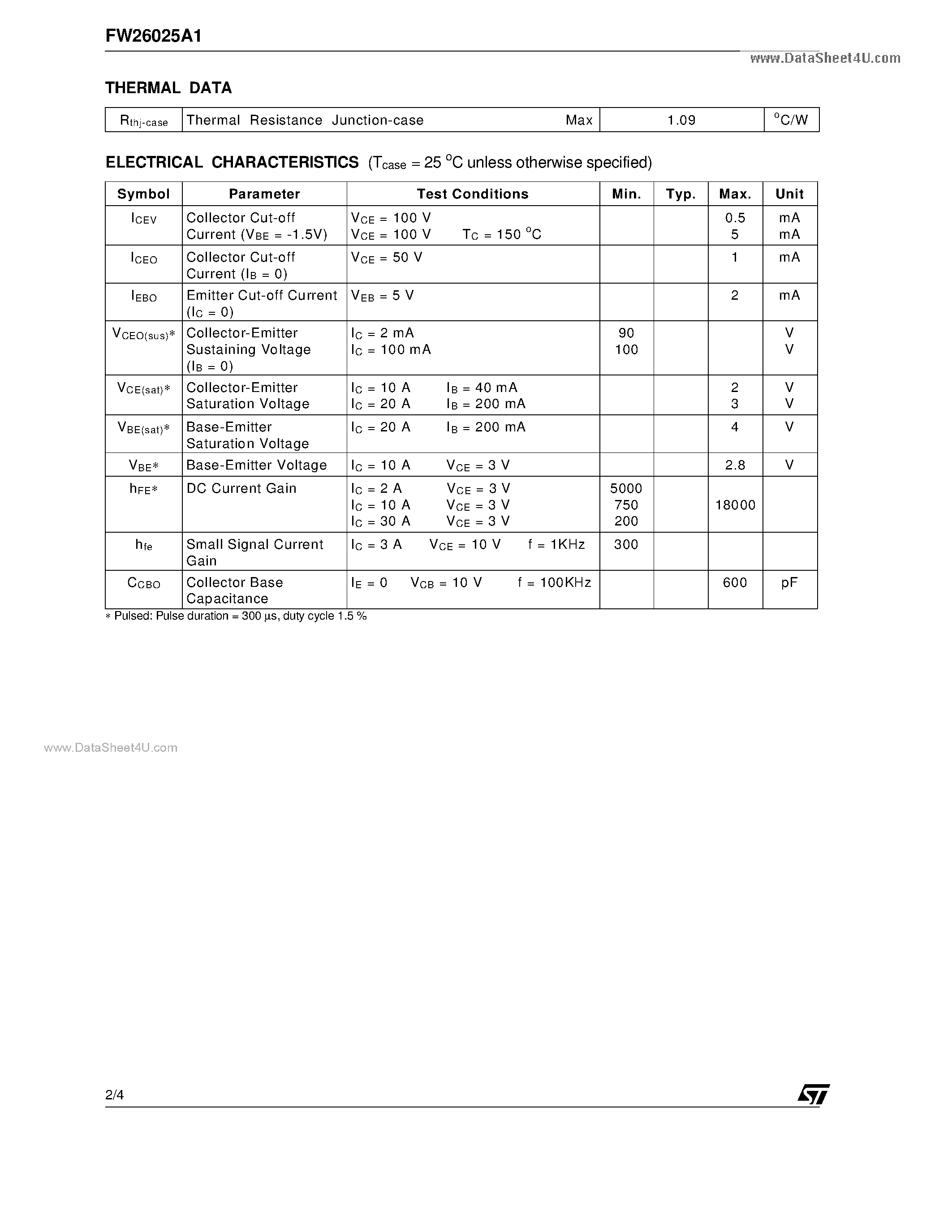 Datasheet FW26025A1 page 2 Datasheet FW26025A1 - PNP POWER DARLINGTON TRANSISTOR page 2