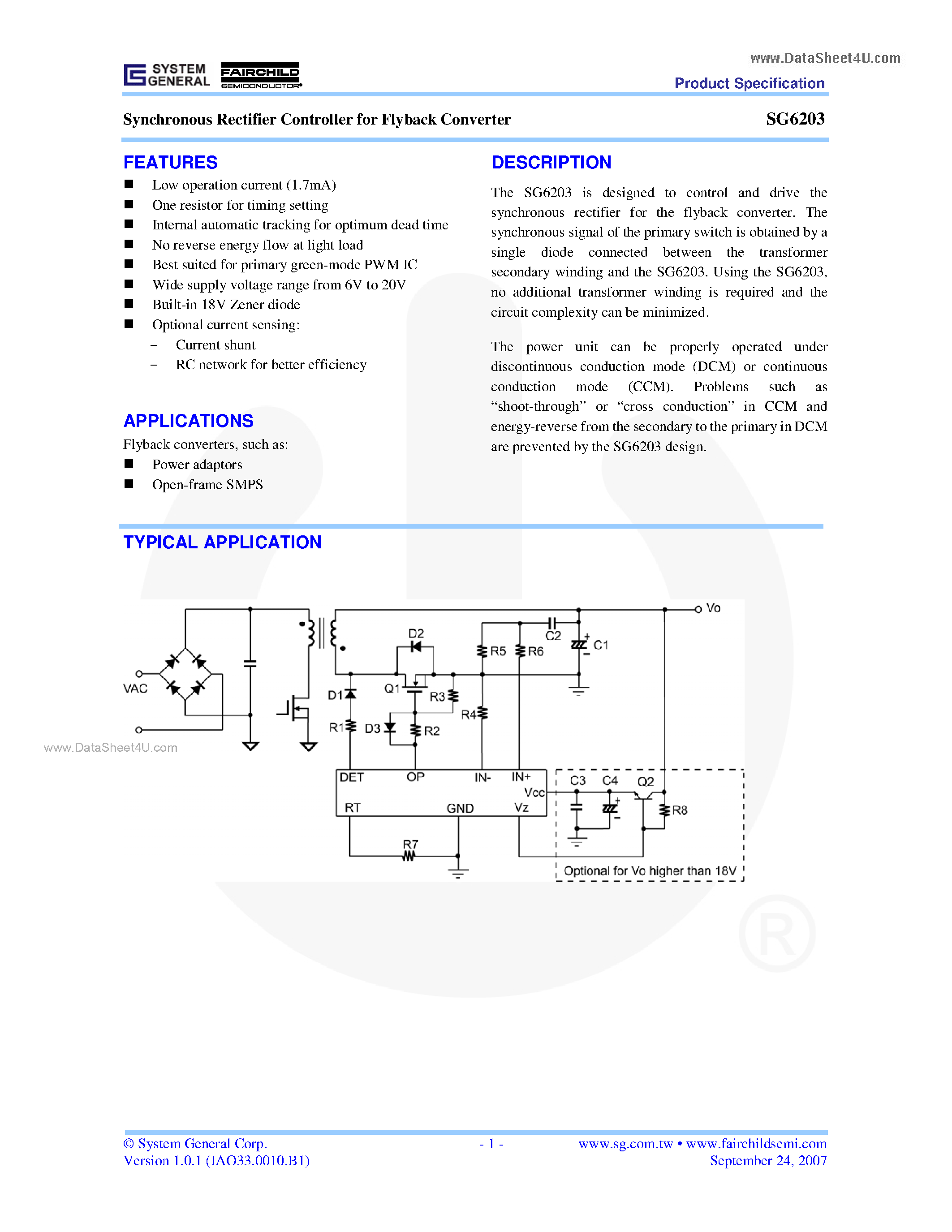 Datasheet SG6203 - Synchronous Rectifier Controller page 1