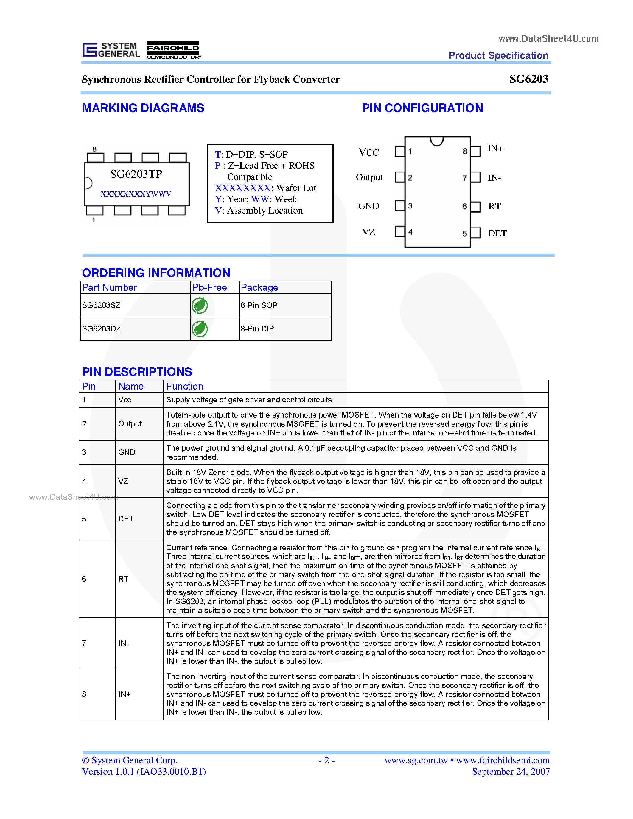 Datasheet SG6203 - Synchronous Rectifier Controller page 2