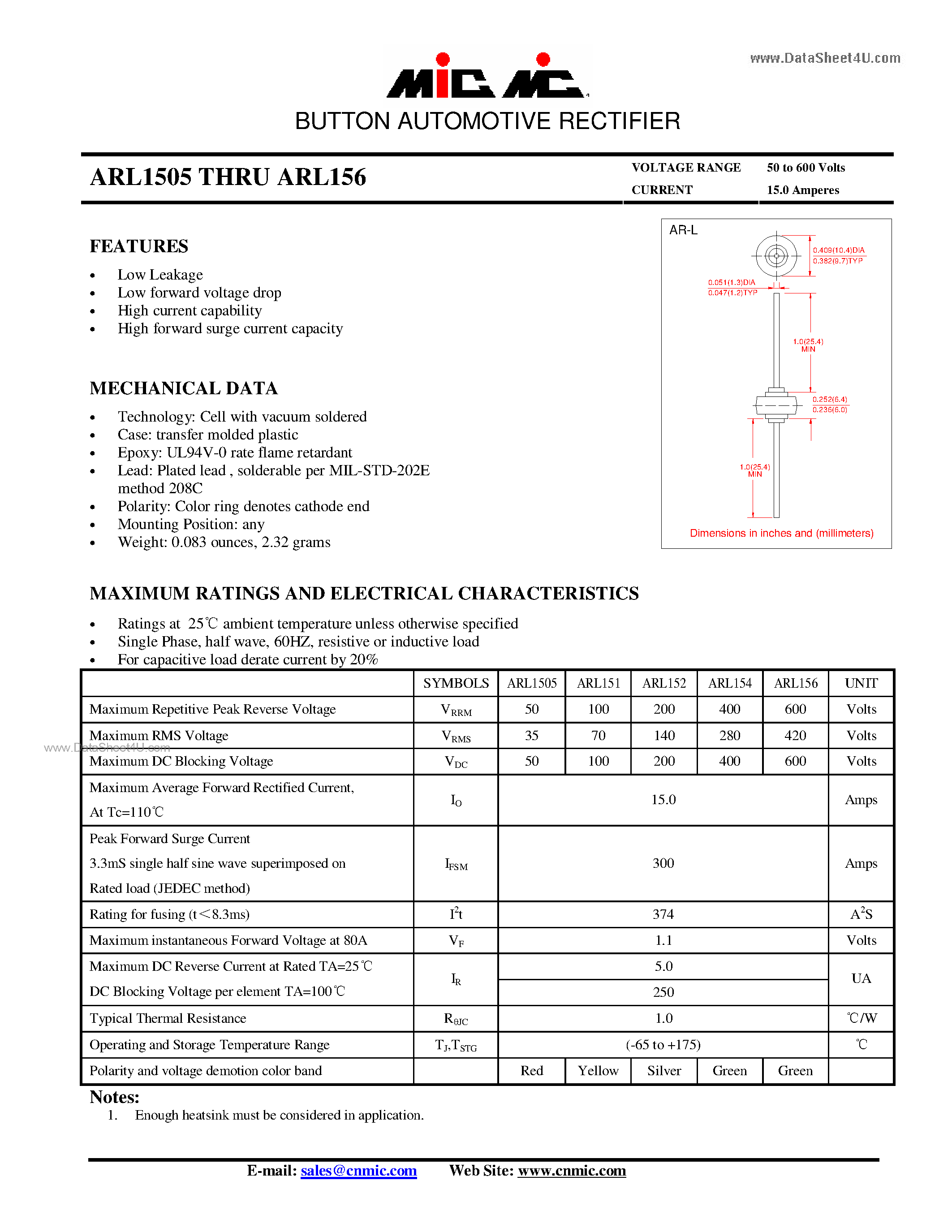 Datasheet ARL1505 - (ARL1505 - ARL156) BUTTON AUTOMOTIVE RECTIFIER page 1