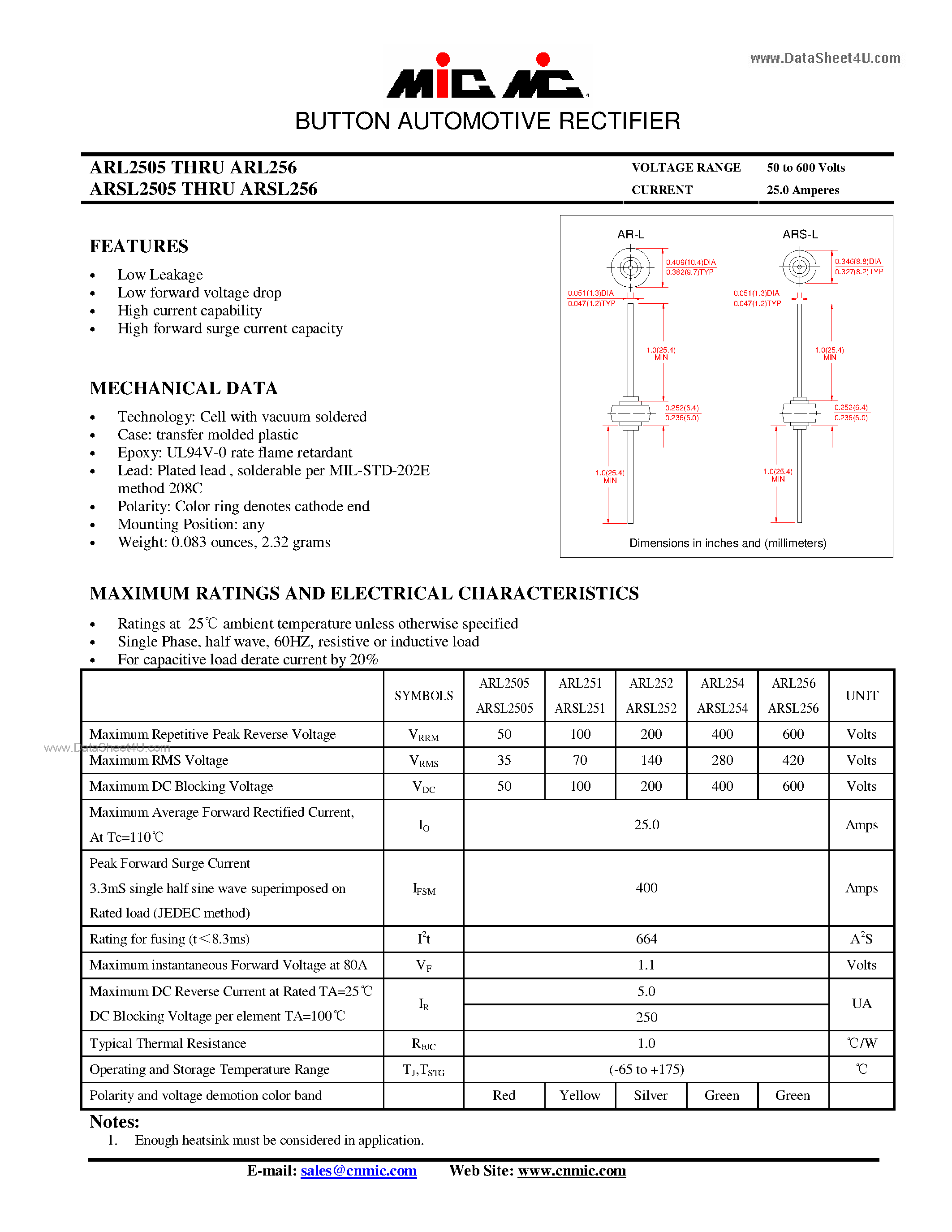 Datasheet ARL2505 - (ARL2505 - ARL256) BUTTON AUTOMOTIVE RECTIFIER page 1