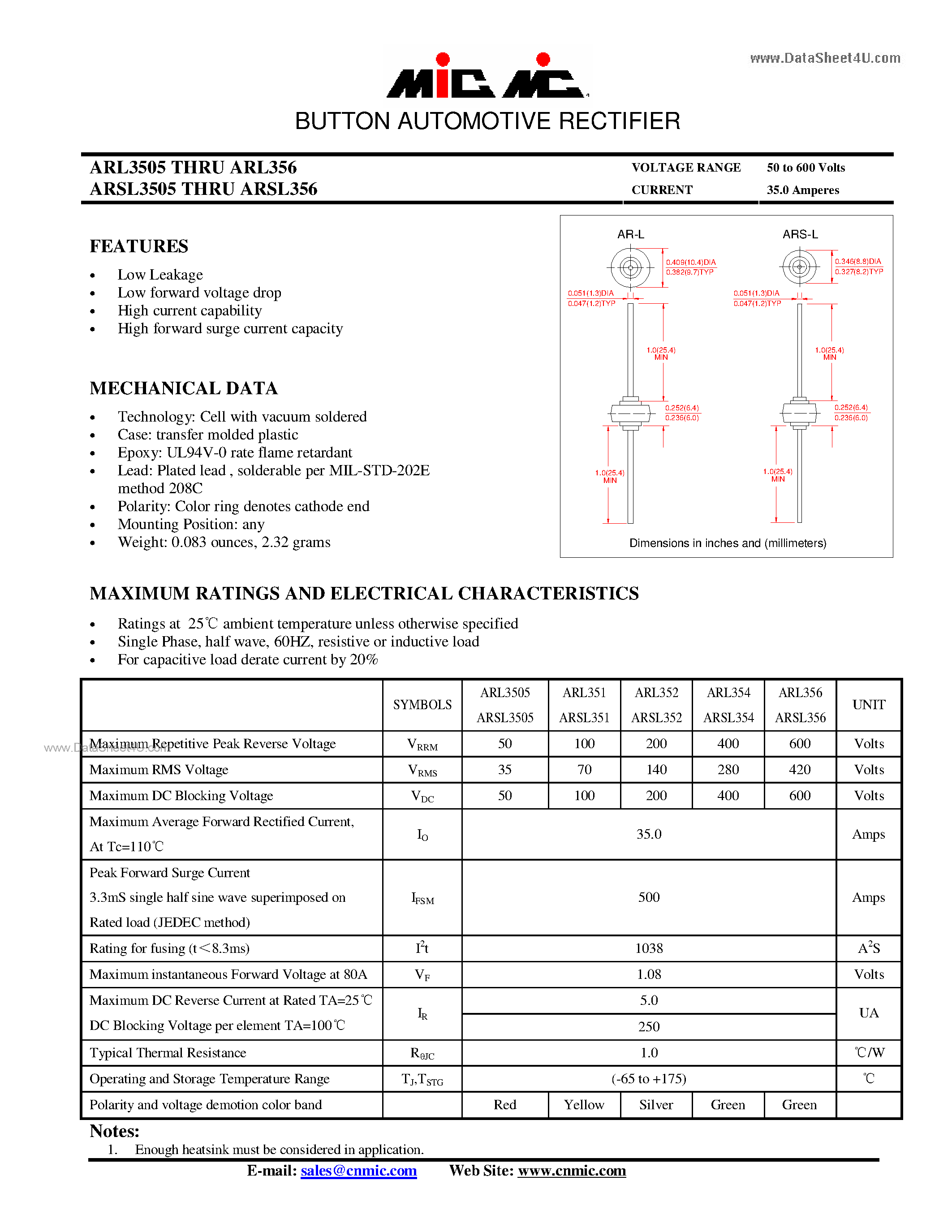 Datasheet ARL3505 - (ARL3505 - ARL356) BUTTON AUTOMOTIVE RECTIFIER page 1