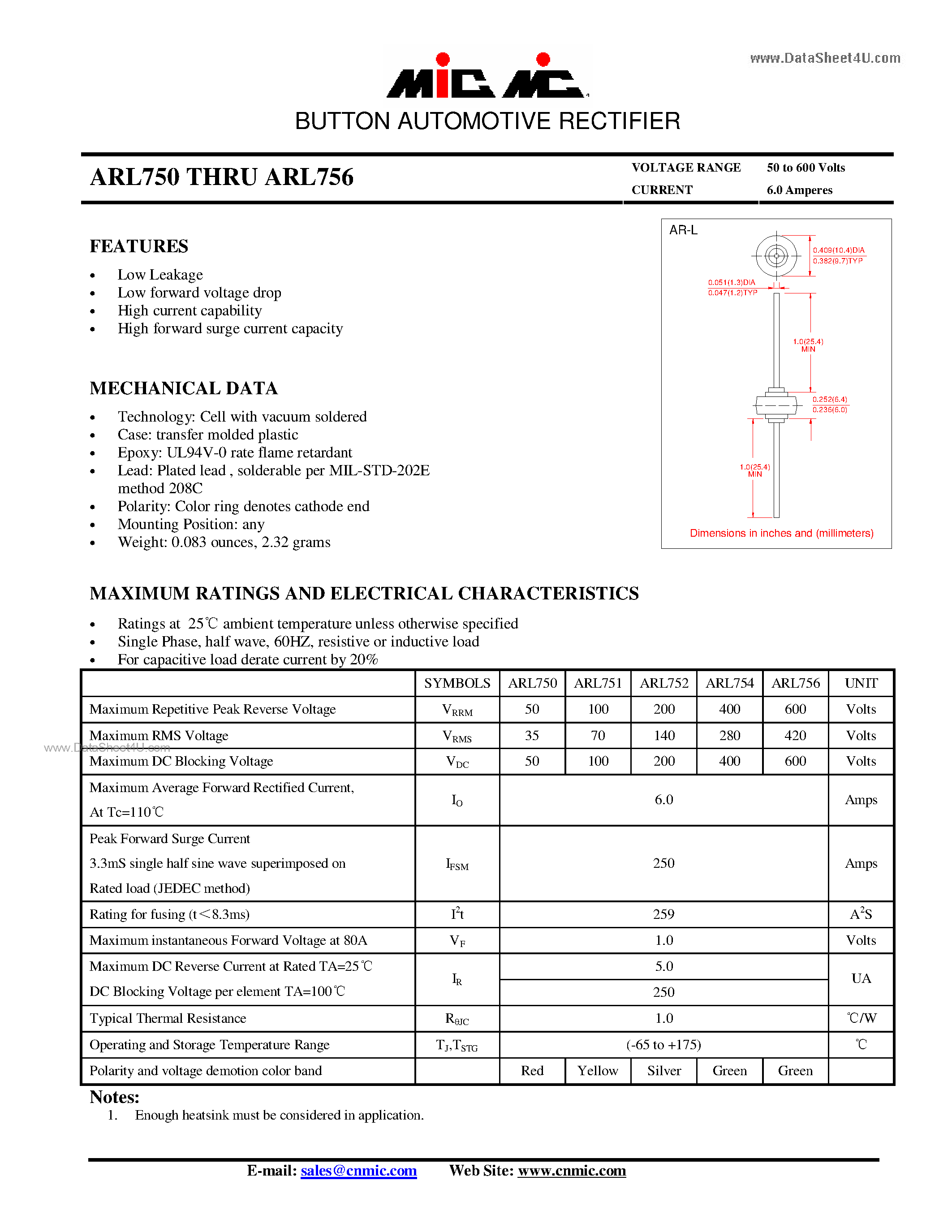 Datasheet ARL750 - (ARL750 - ARL756) BUTTON AUTOMOTIVE RECTIFIER page 1