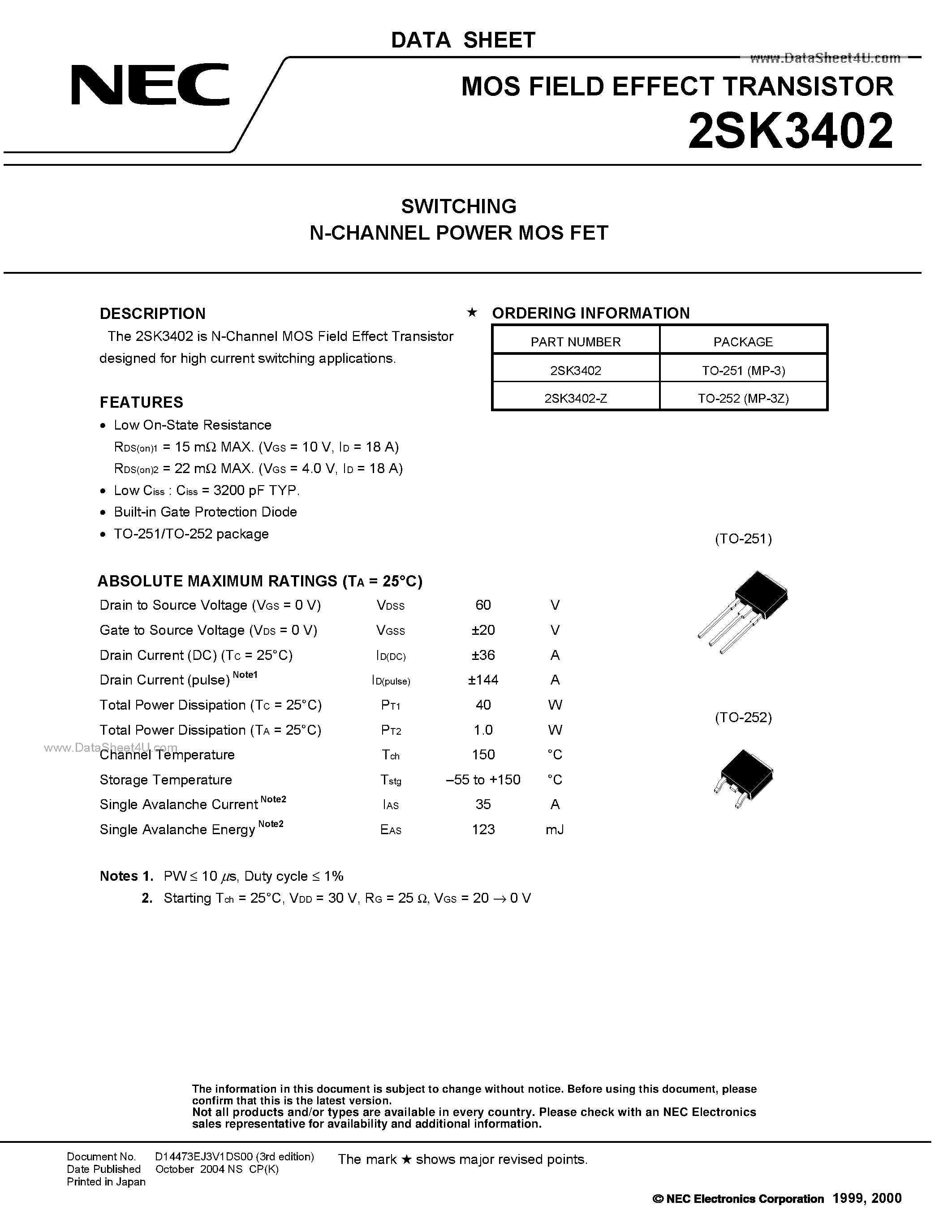 Datasheet 2SK3402 - SWITCHING N-CHANNEL POWER MOSFET page 1
