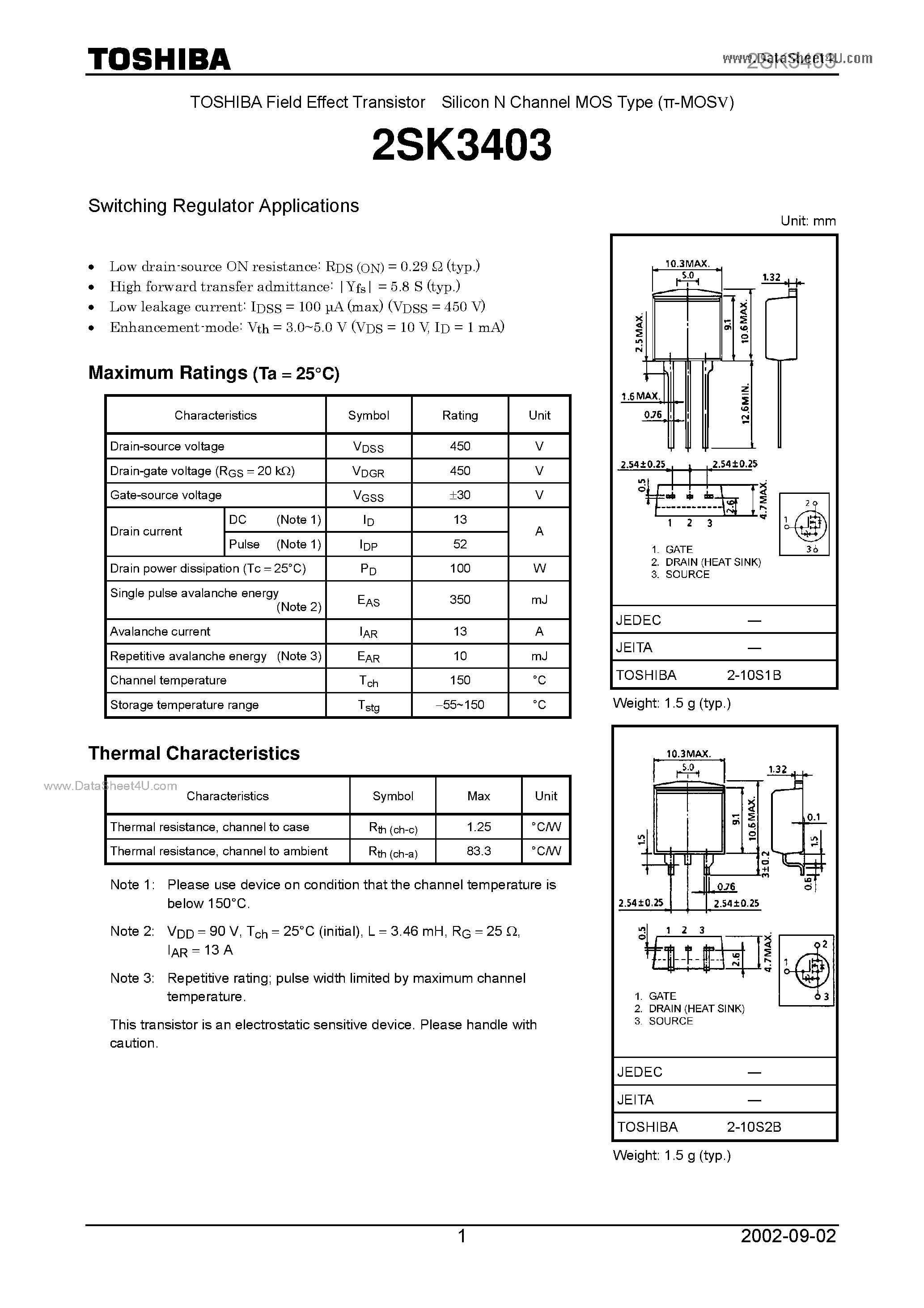 Datasheet 2SK3403 - Field Effect Transistor Silicon N Channel MOS Type page 1