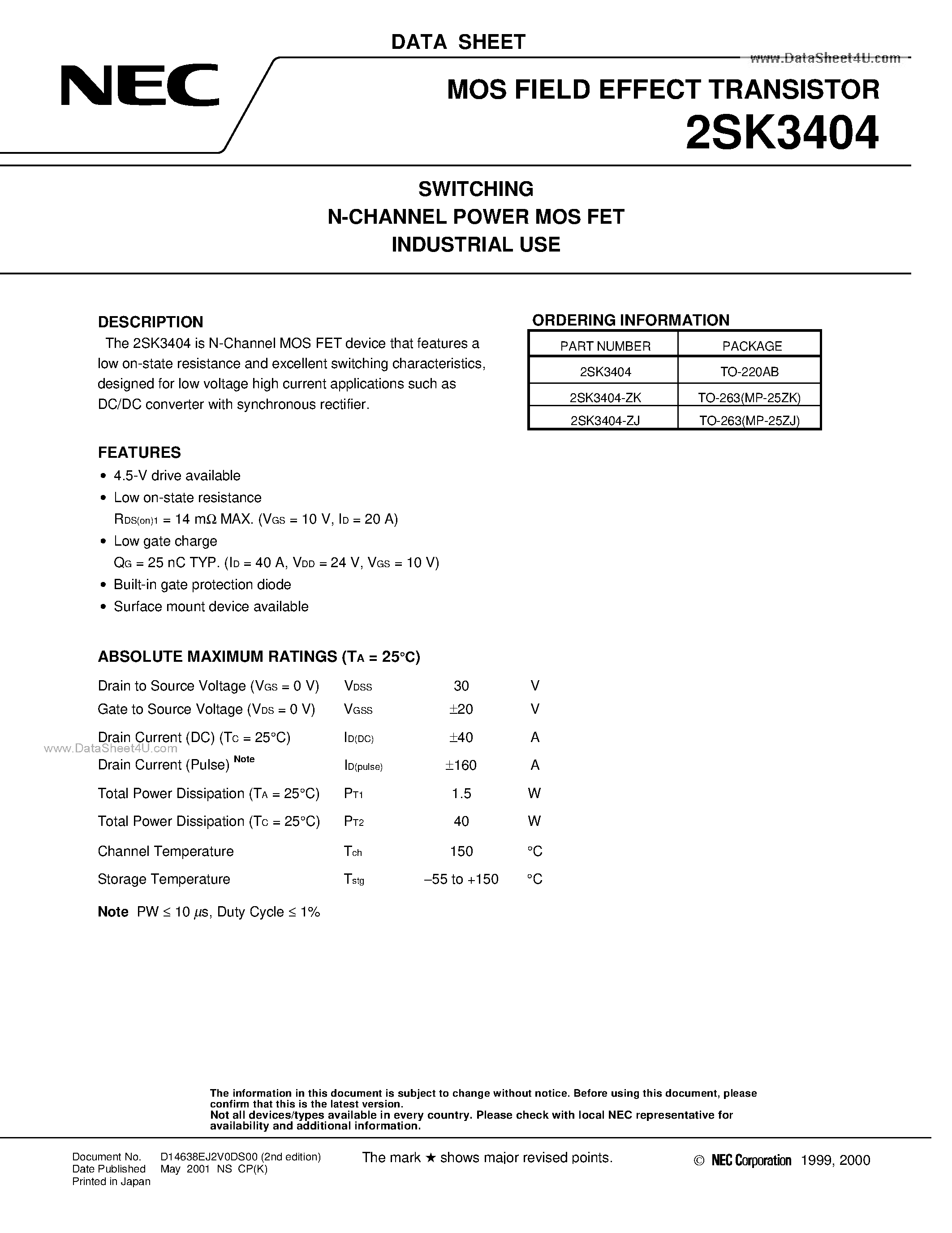 Datasheet 2SK3404 - SWITCHING N-CHANNEL POWER MOSFET INDUSTRIAL USE page 1