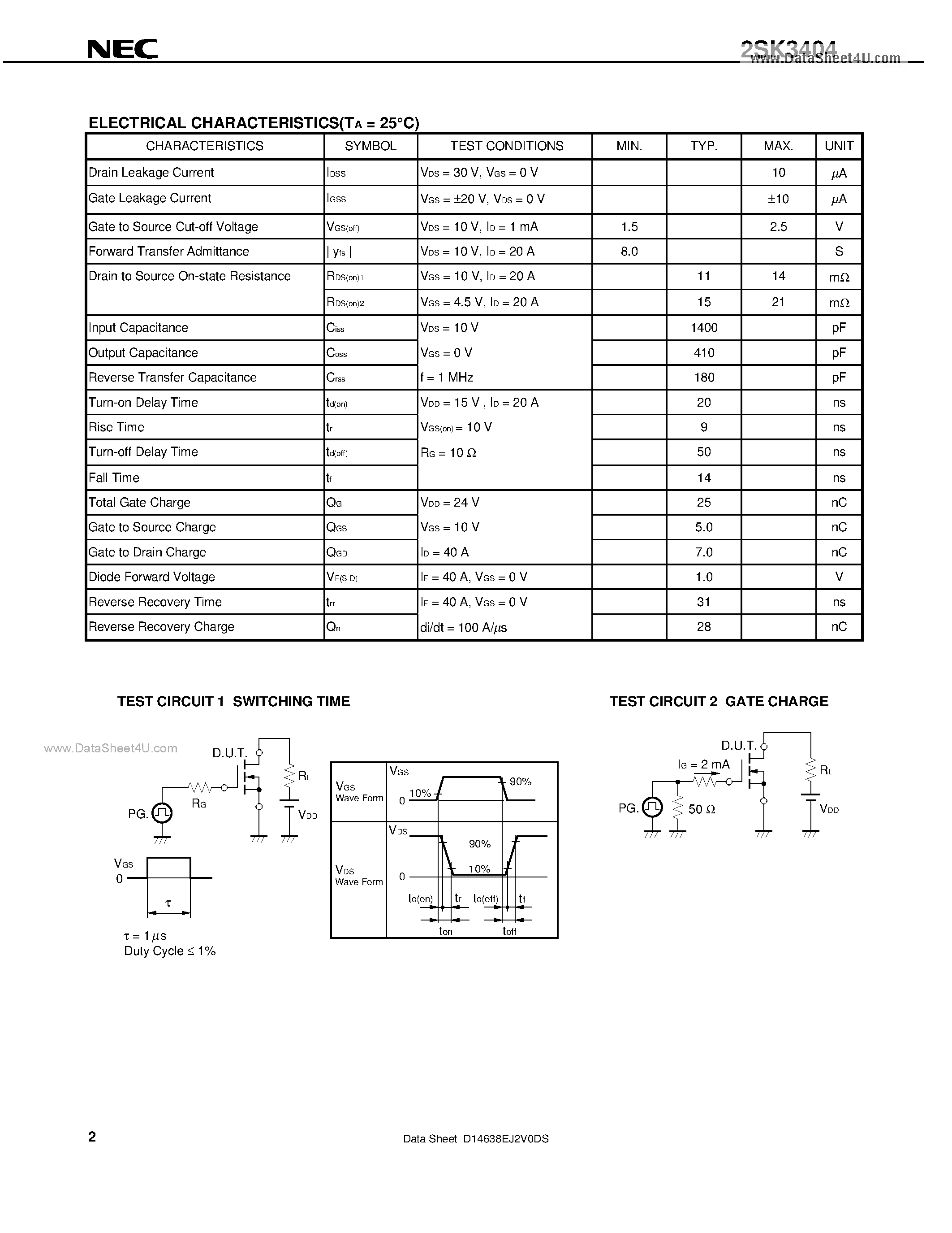 Datasheet 2SK3404 - SWITCHING N-CHANNEL POWER MOSFET INDUSTRIAL USE page 2