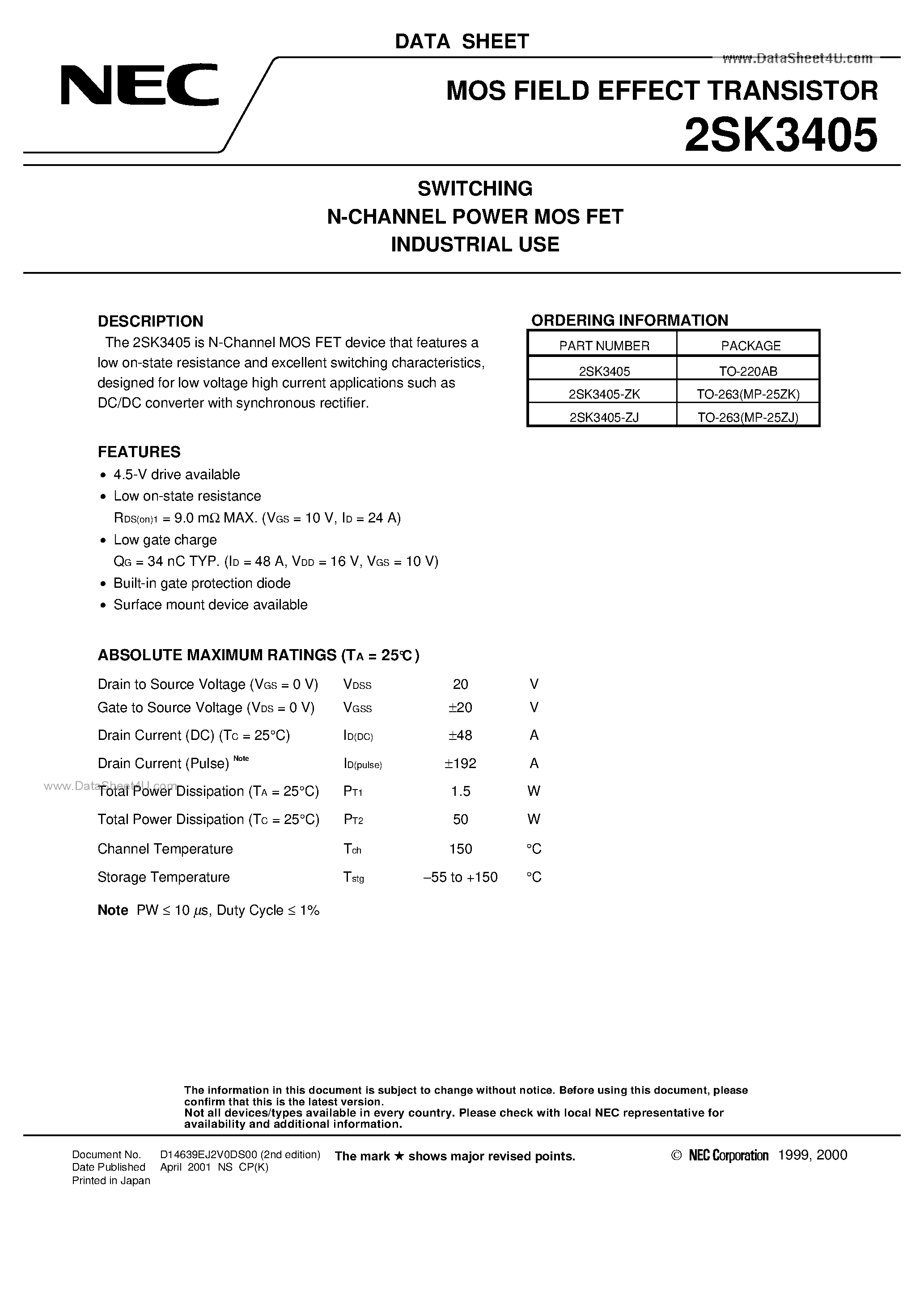 Datasheet 2SK3405 - SWITCHING N-CHANNEL POWER MOSFET INDUSTRIAL USE page 1