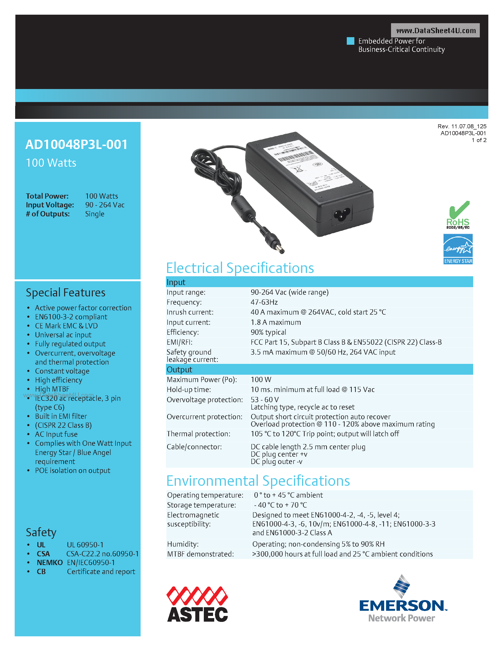 Даташит AD10048P3L-001 - AC-DC / External Freestanding Adapter страница 1