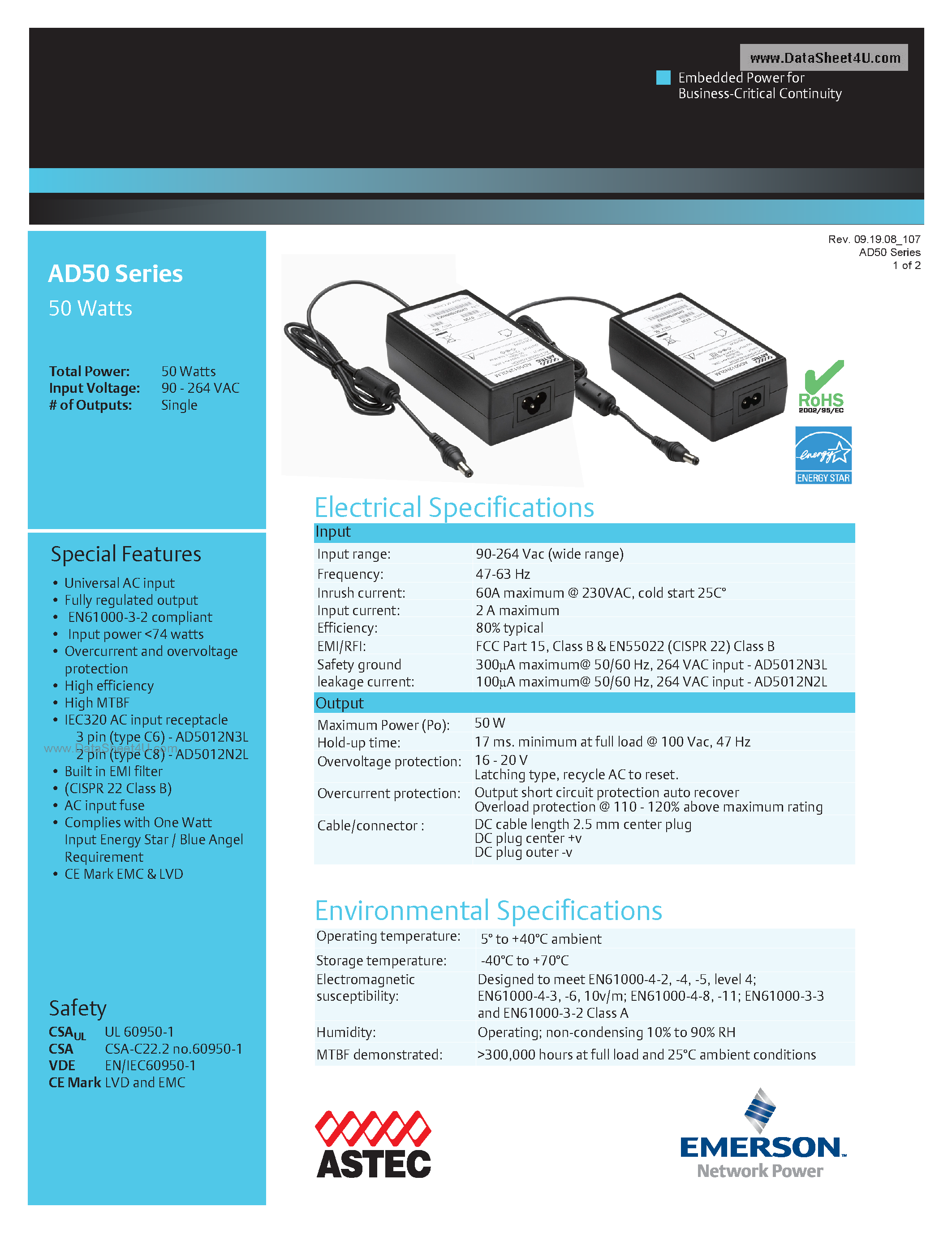 Даташит на микросхему AD5012N2L страница 1 Даташит AD5012N2L - AC-DC / External Freestanding Adapter страница 1