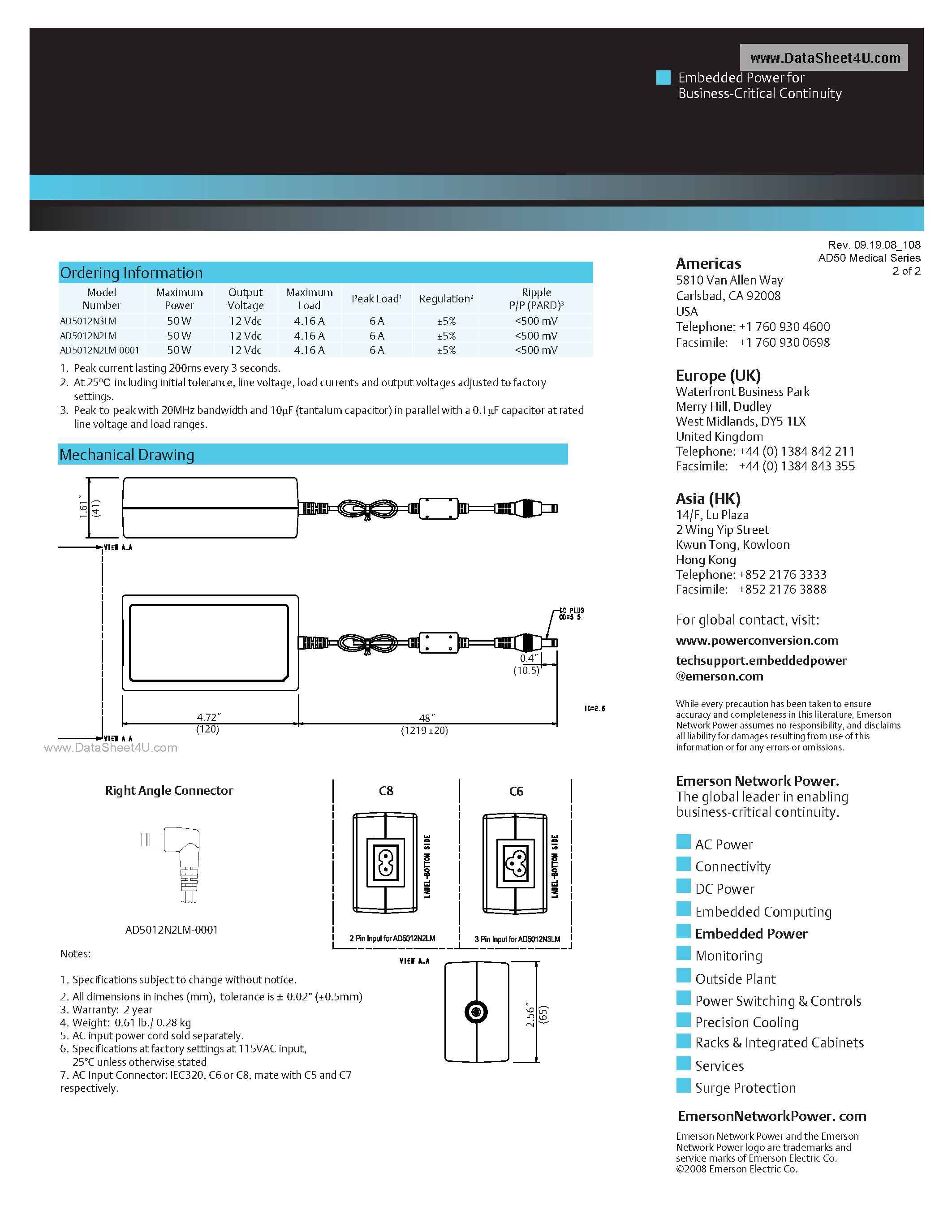 Даташит на микросхему AD5012N2LM-0001 страница 2 Даташит AD5012N2LM-0001 - AC-DC / External Freestanding Medical Adapter страница 2