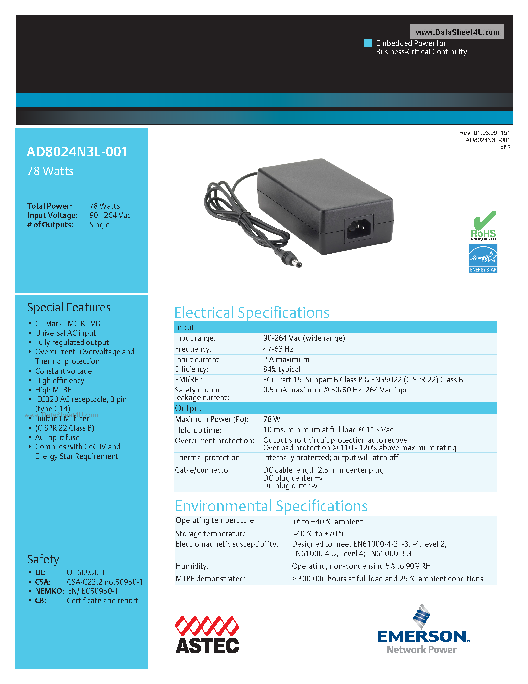 Datasheet AD8024N3L-001 page 1 Datasheet AD8024N3L-001 - AC-DC / External Freestanding Adapter page 1