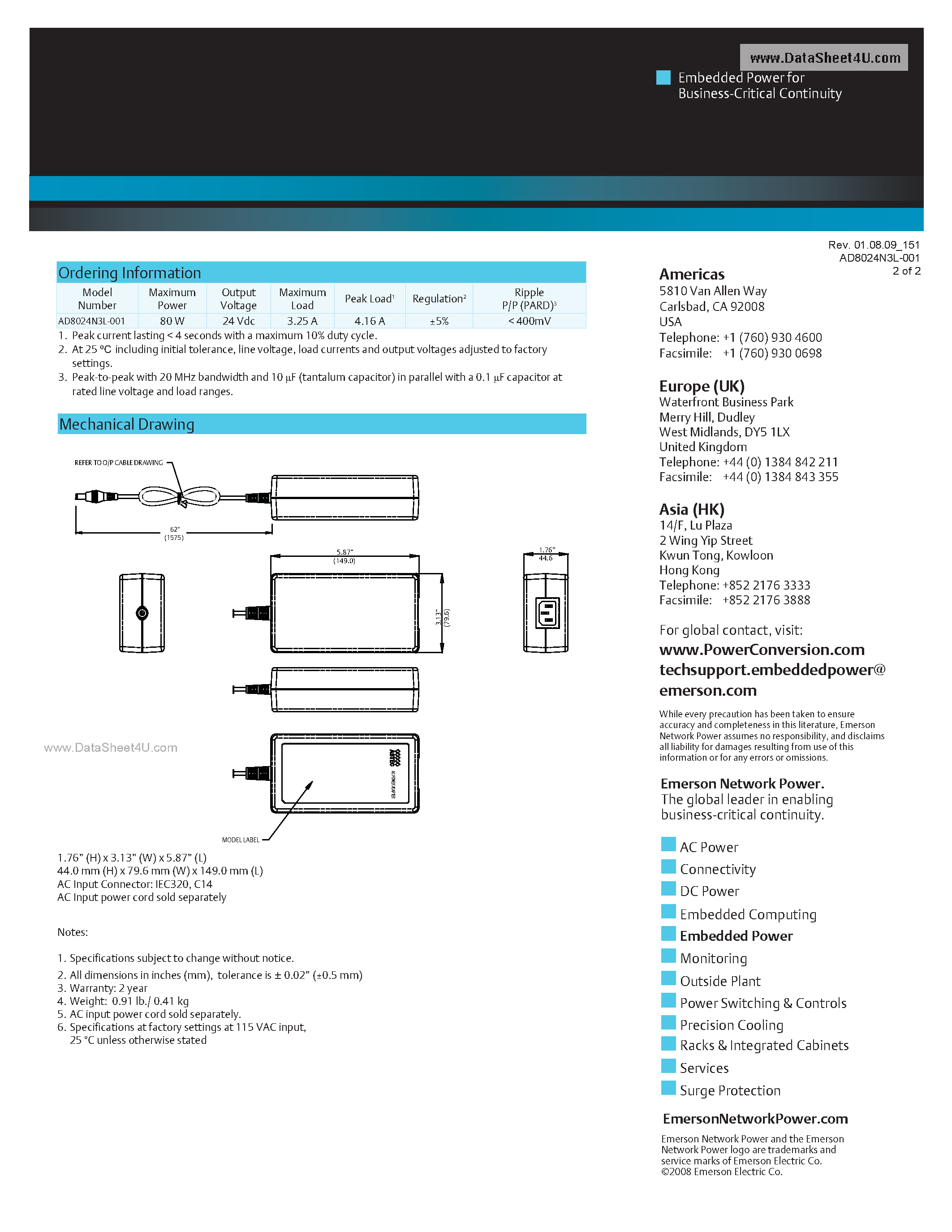 Datasheet AD8024N3L-001 page 2 Datasheet AD8024N3L-001 - AC-DC / External Freestanding Adapter page 2