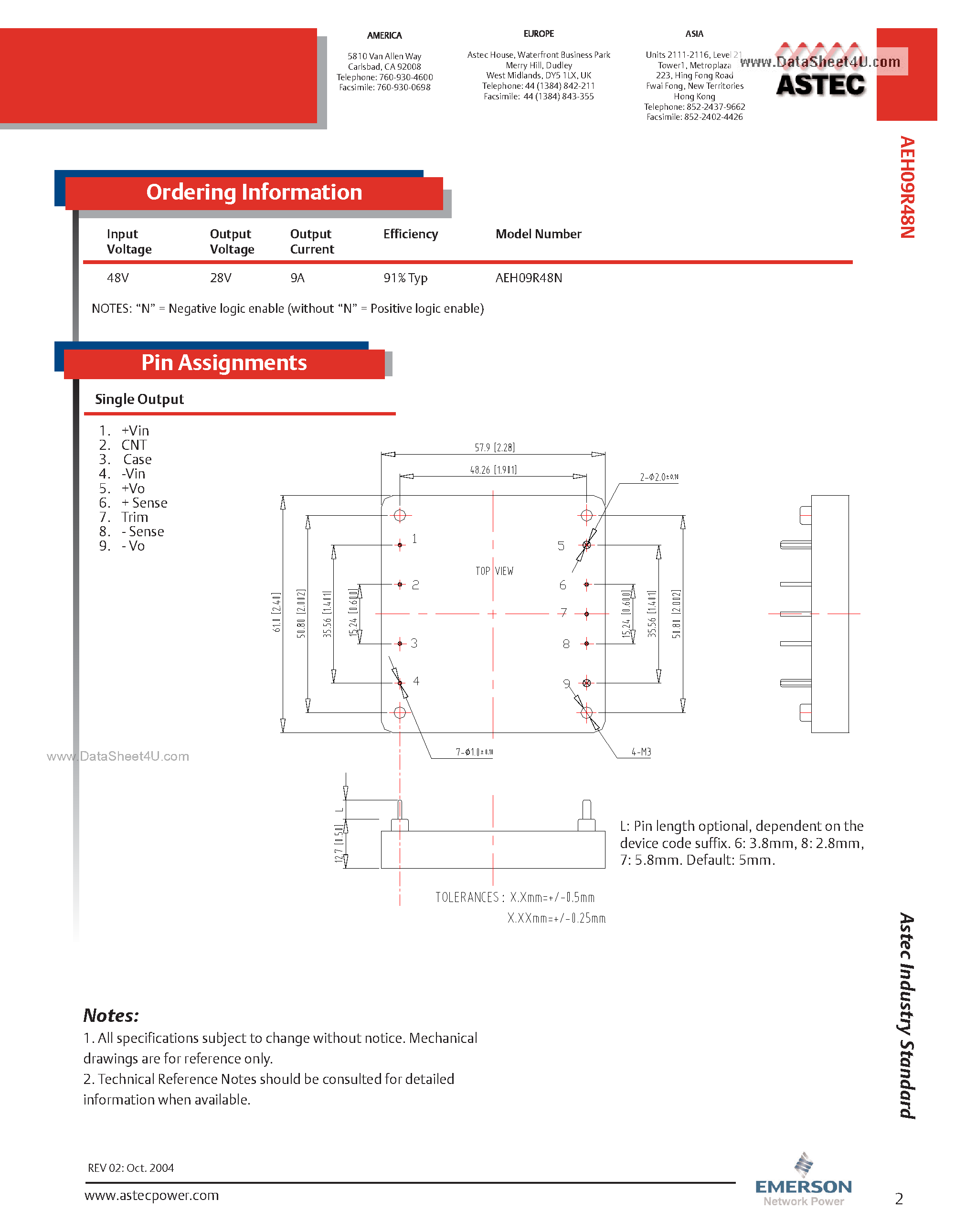 Даташит на микросхему AEH09R48 страница 2 Даташит AEH09R48 - DC-DC / Industry Standard Isolated Half Brick страница 2