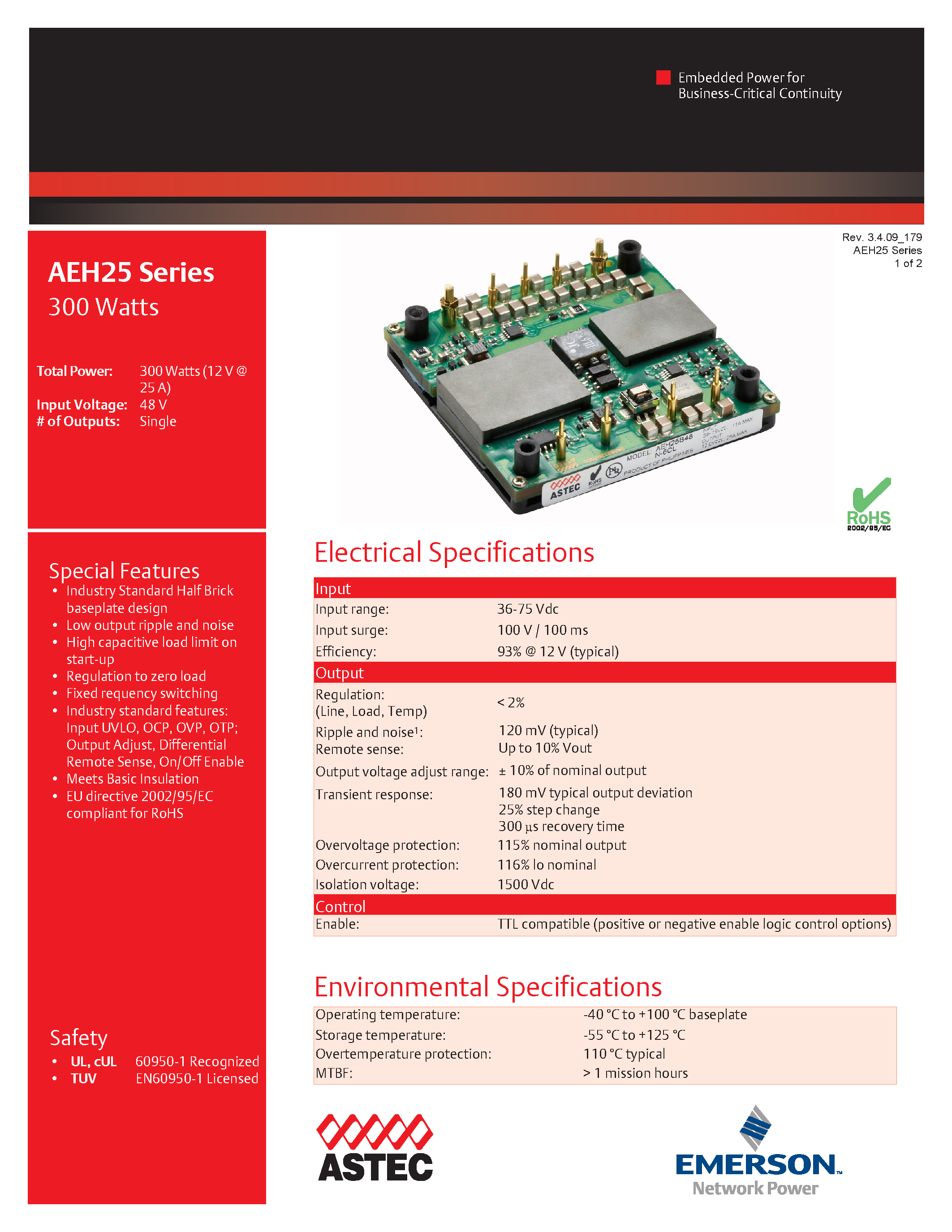 Datasheet AEH25B48N-6 page 1 Datasheet AEH25B48N-6 - DC-DC / Industry Standard Isolated Half Brick page 1