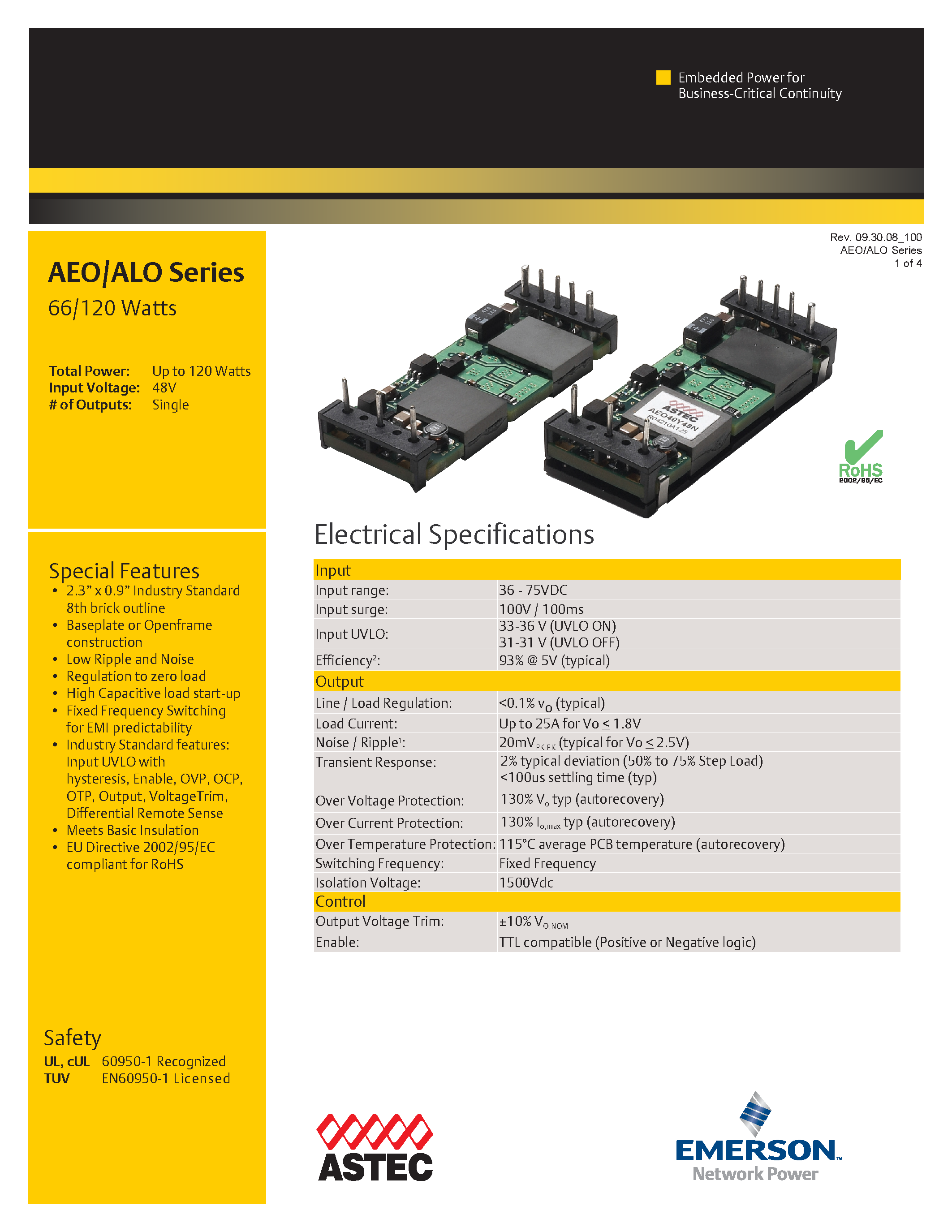 Даташит AEO12A48 - DC-DC / Industry Standard Isolated Eighth Brick страница 1