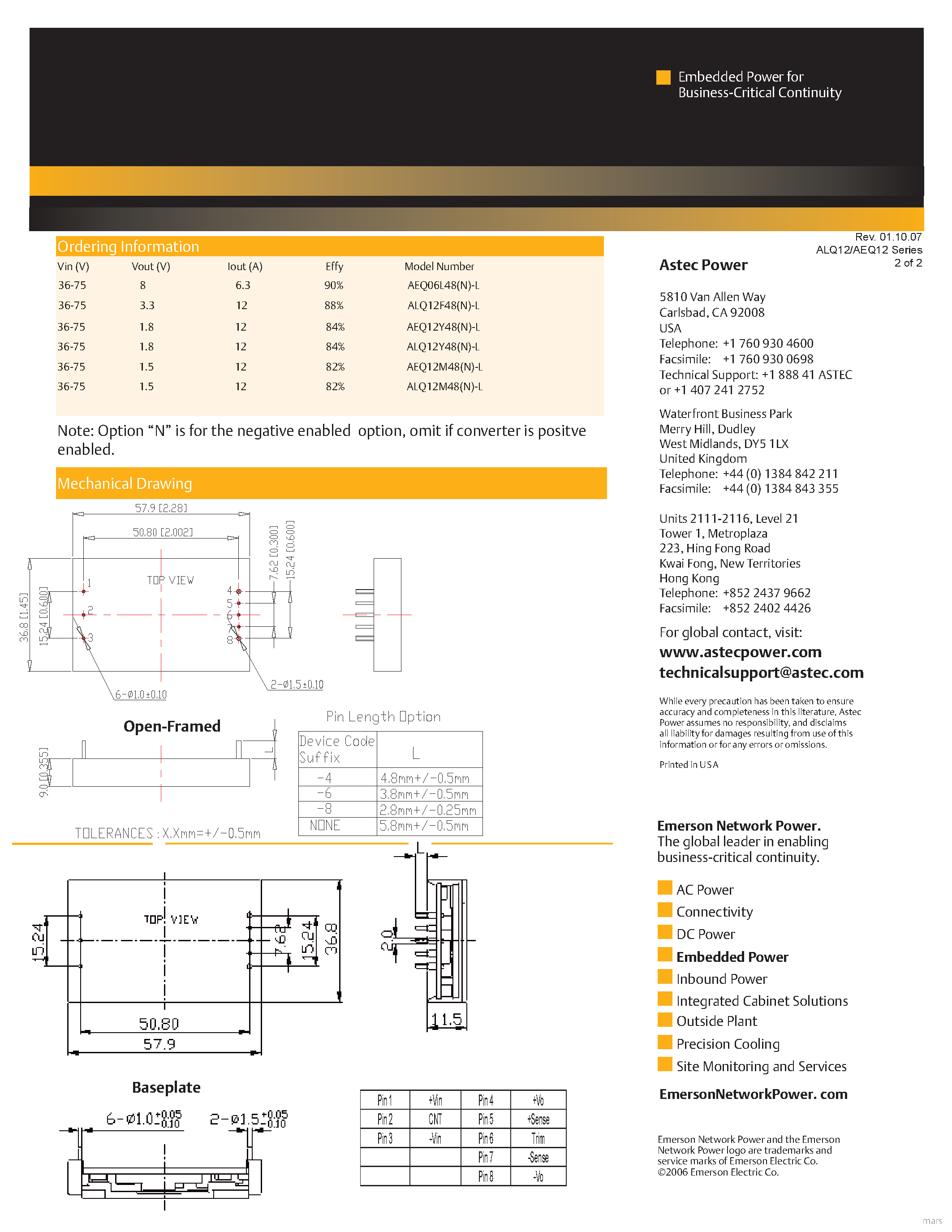 Даташит на микросхему AEQ12M48N страница 2 Даташит AEQ12M48N - DC-DC / Industry Standard Isolated Quarter Brick страница 2