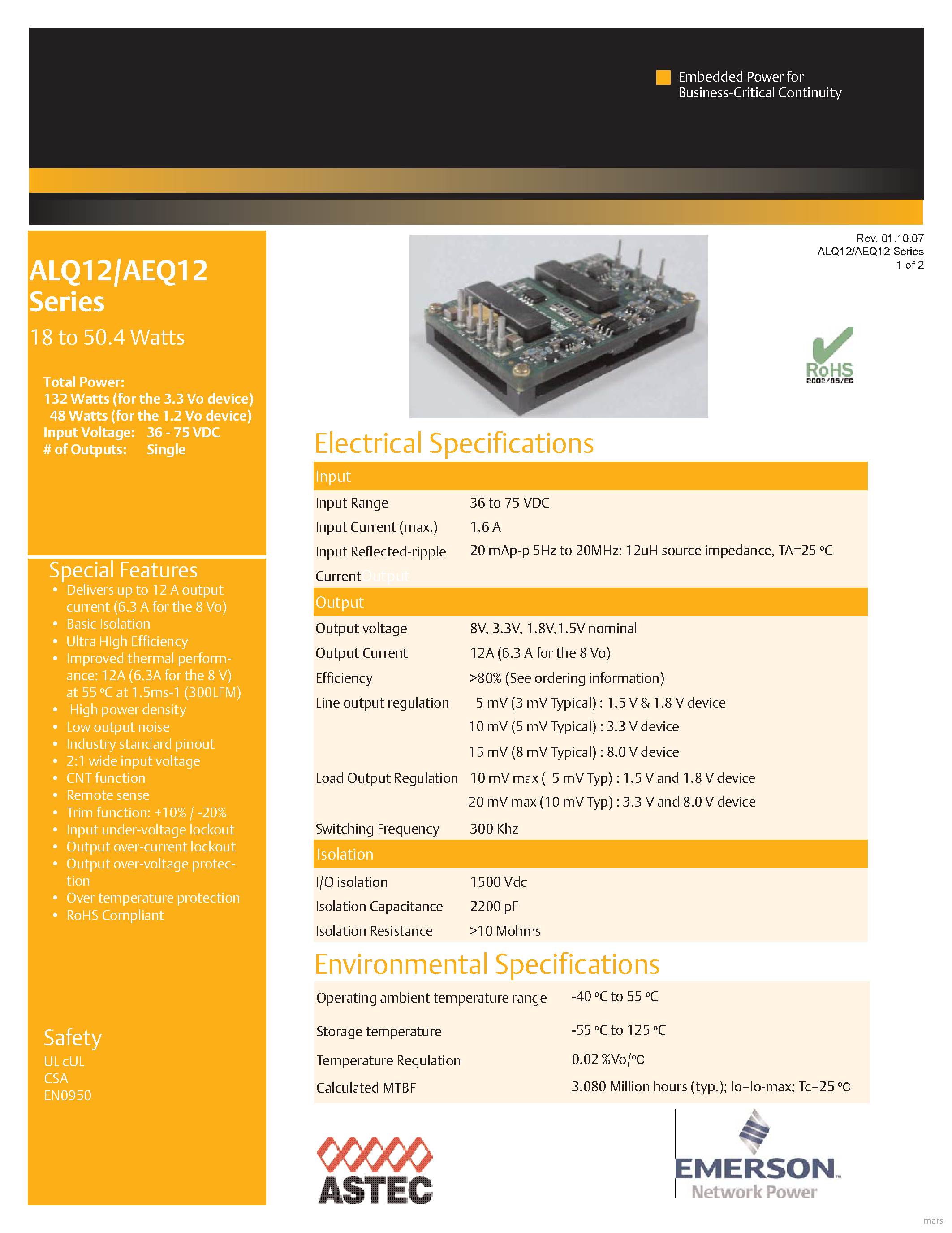 Даташит на микросхему AEQ12Y48 страница 1 Даташит AEQ12Y48 - DC-DC / Industry Standard Isolated Quarter Brick страница 1