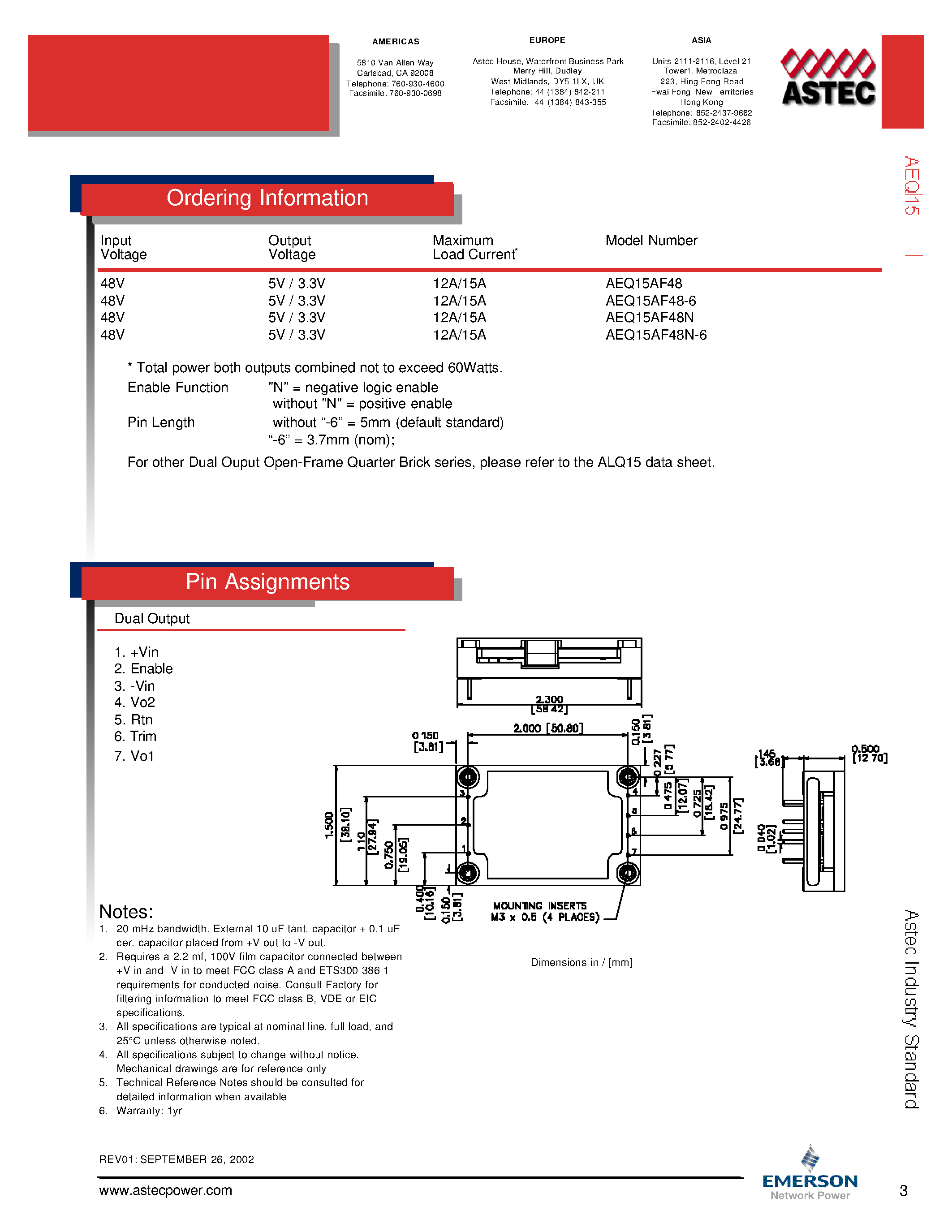 Даташит AEQ15AF48-6L - DC-DC / Industry Standard Isolated Quarter Brick страница 2