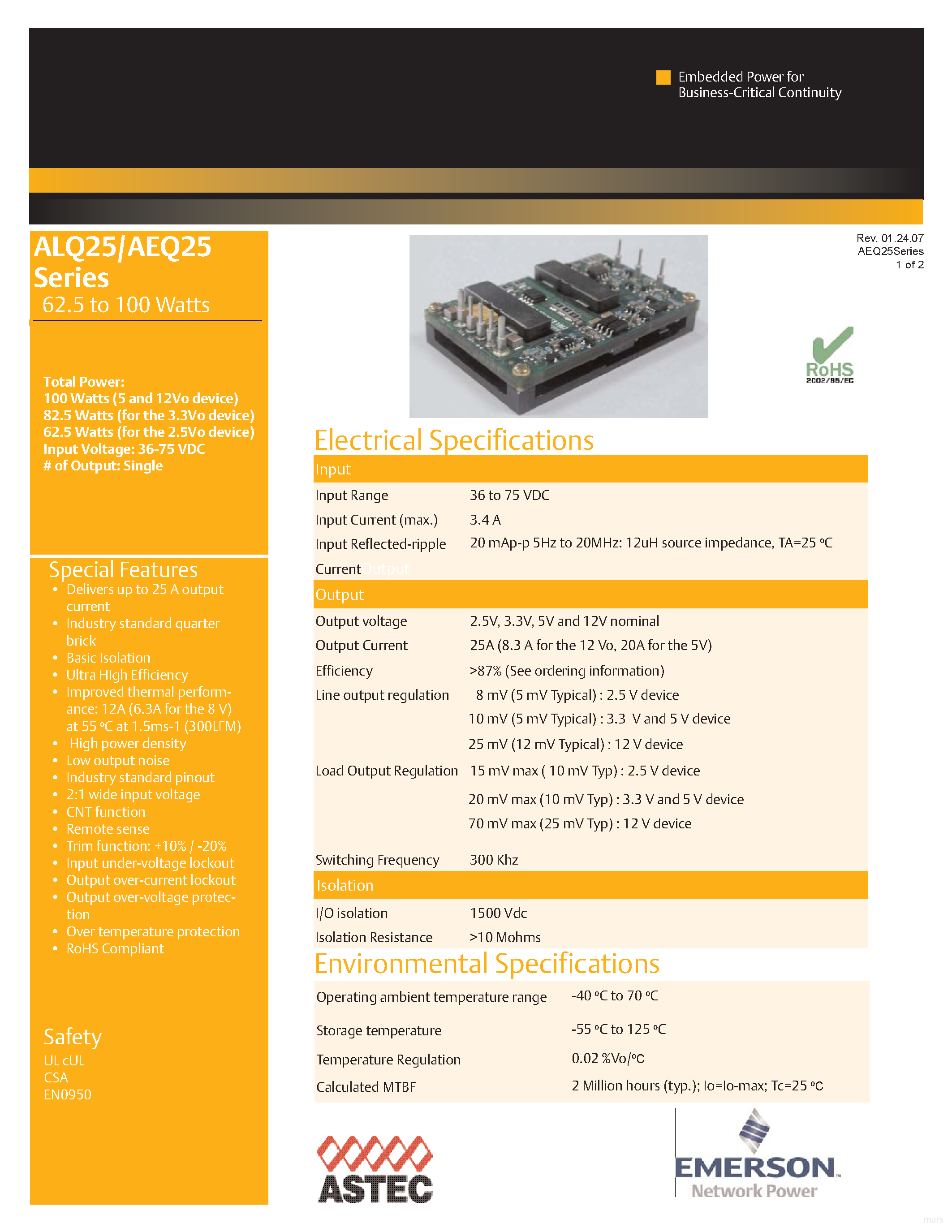 Даташит на микросхему AEQ20A48 страница 1 Даташит AEQ20A48 - DC-DC / Industry Standard Isolated Quarter Brick страница 1